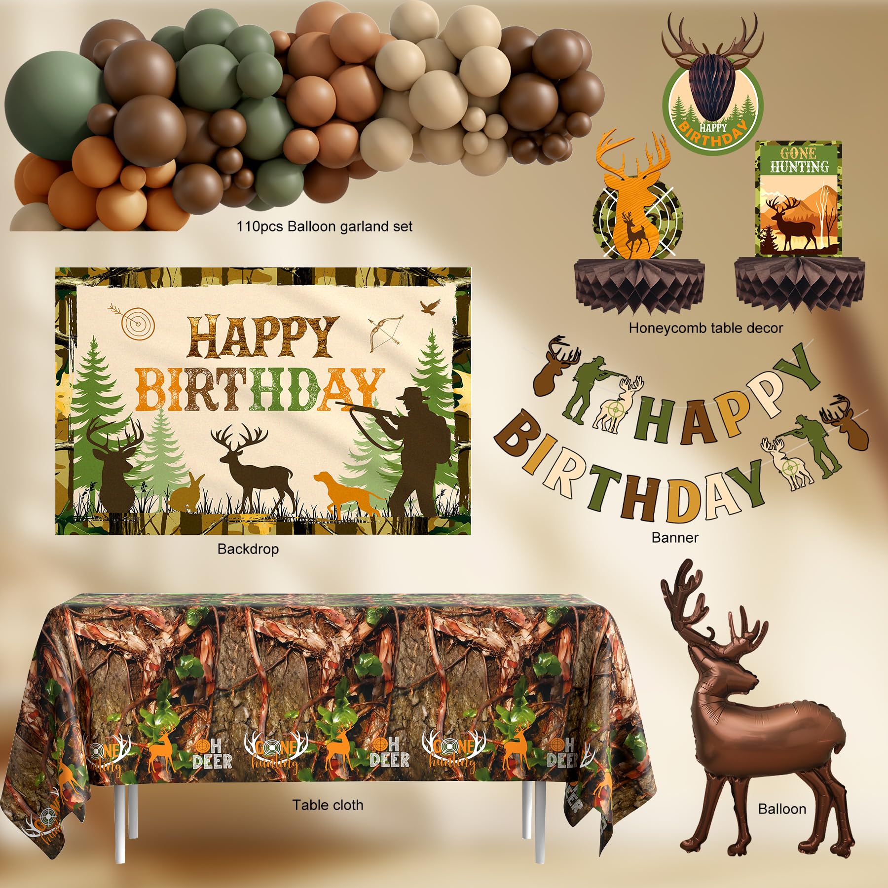 Happy birthday banner included in hunting party decorations