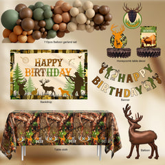 Happy birthday banner included in hunting party decorations