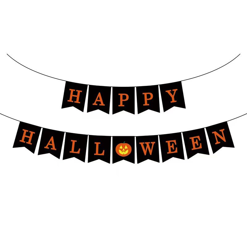 Happy Halloween Banner cardstock bunting with black letters and pumpkin sign