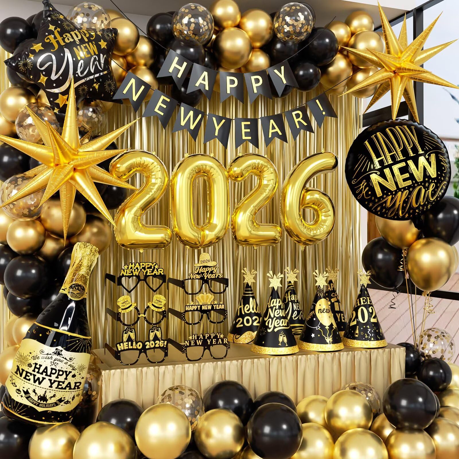 Happy New Year Decorations 2026 with Black and Gold Balloons ...