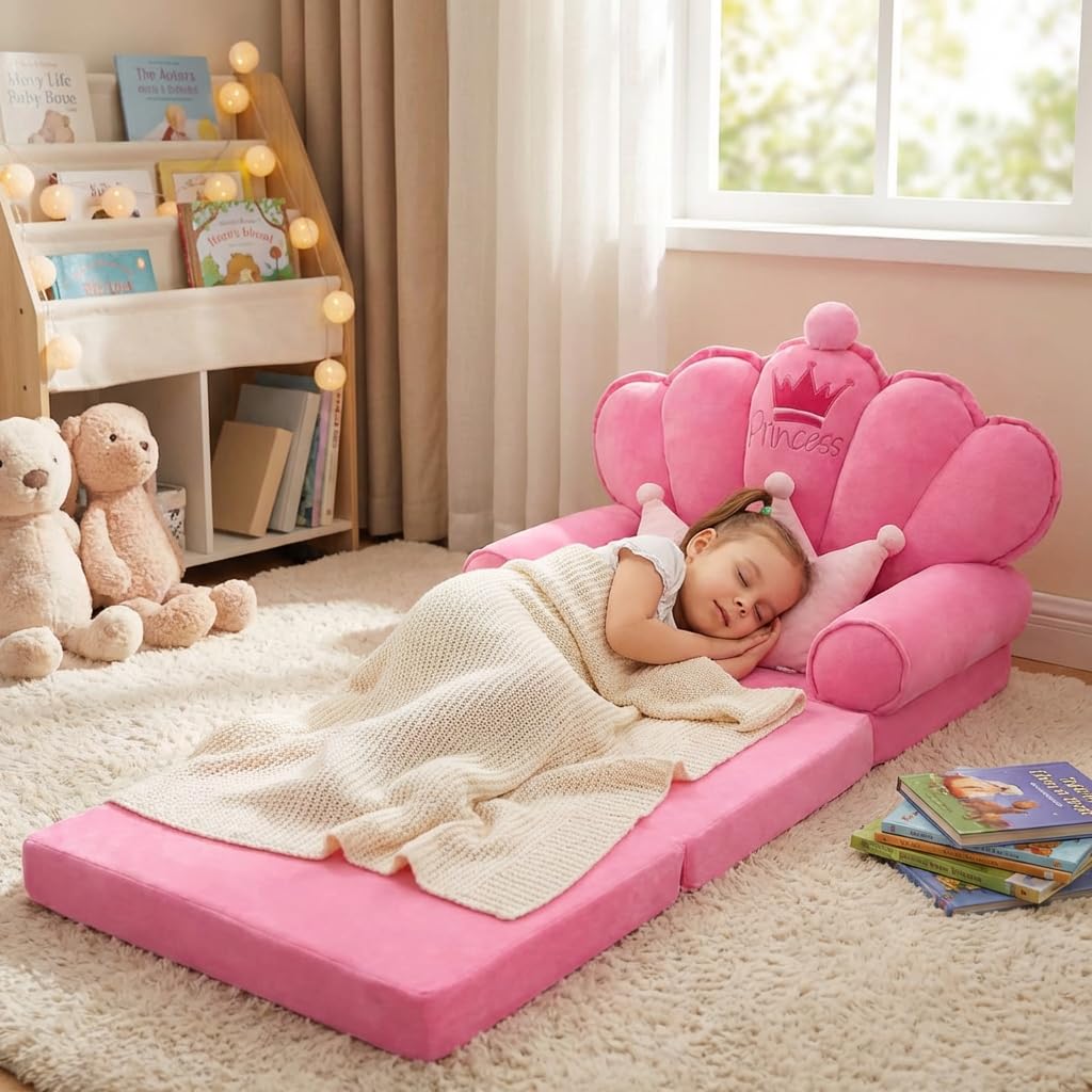 2-in-1 foldable sofa bed chair for kids pink
