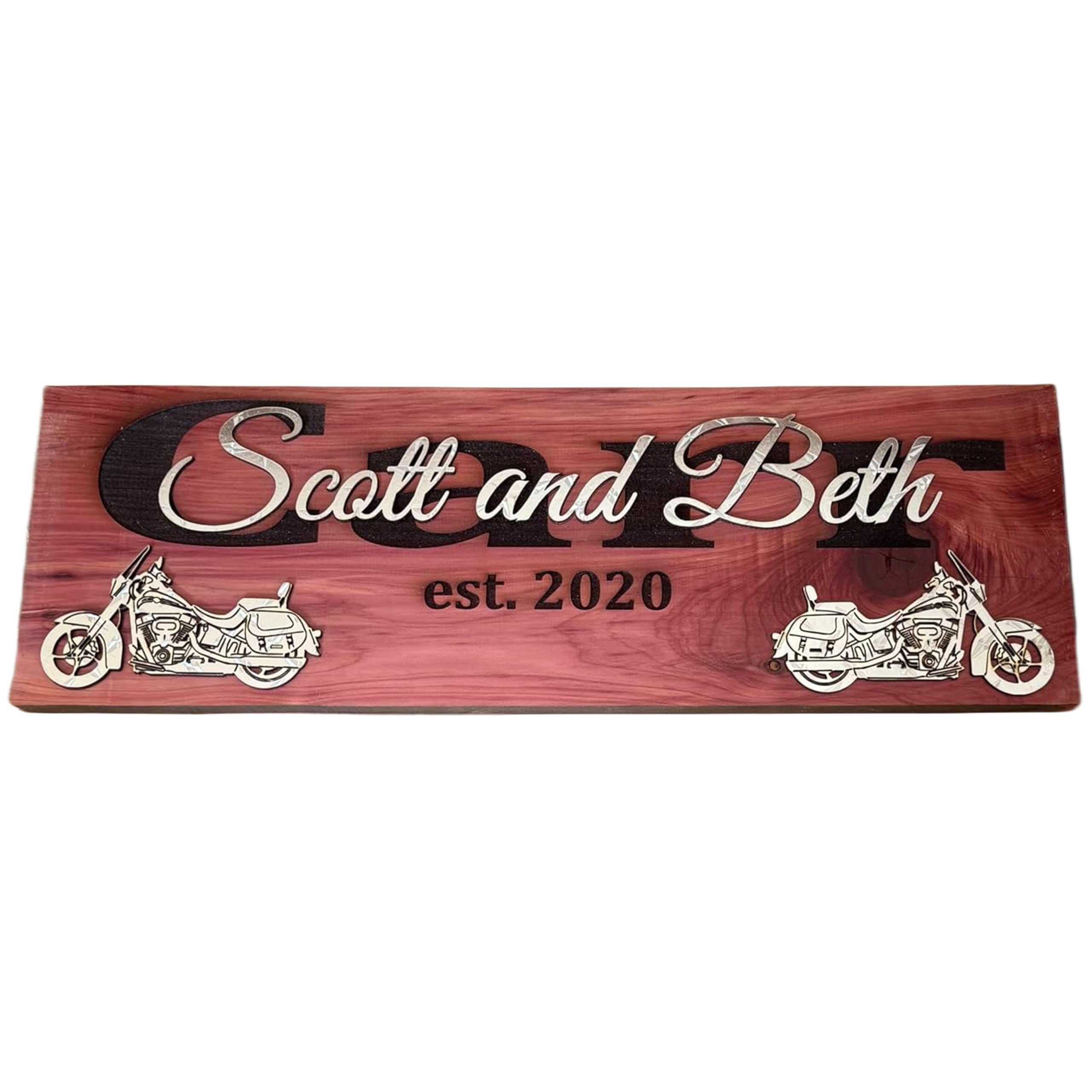 Harley motorcycle name sign in cedar with metal accent