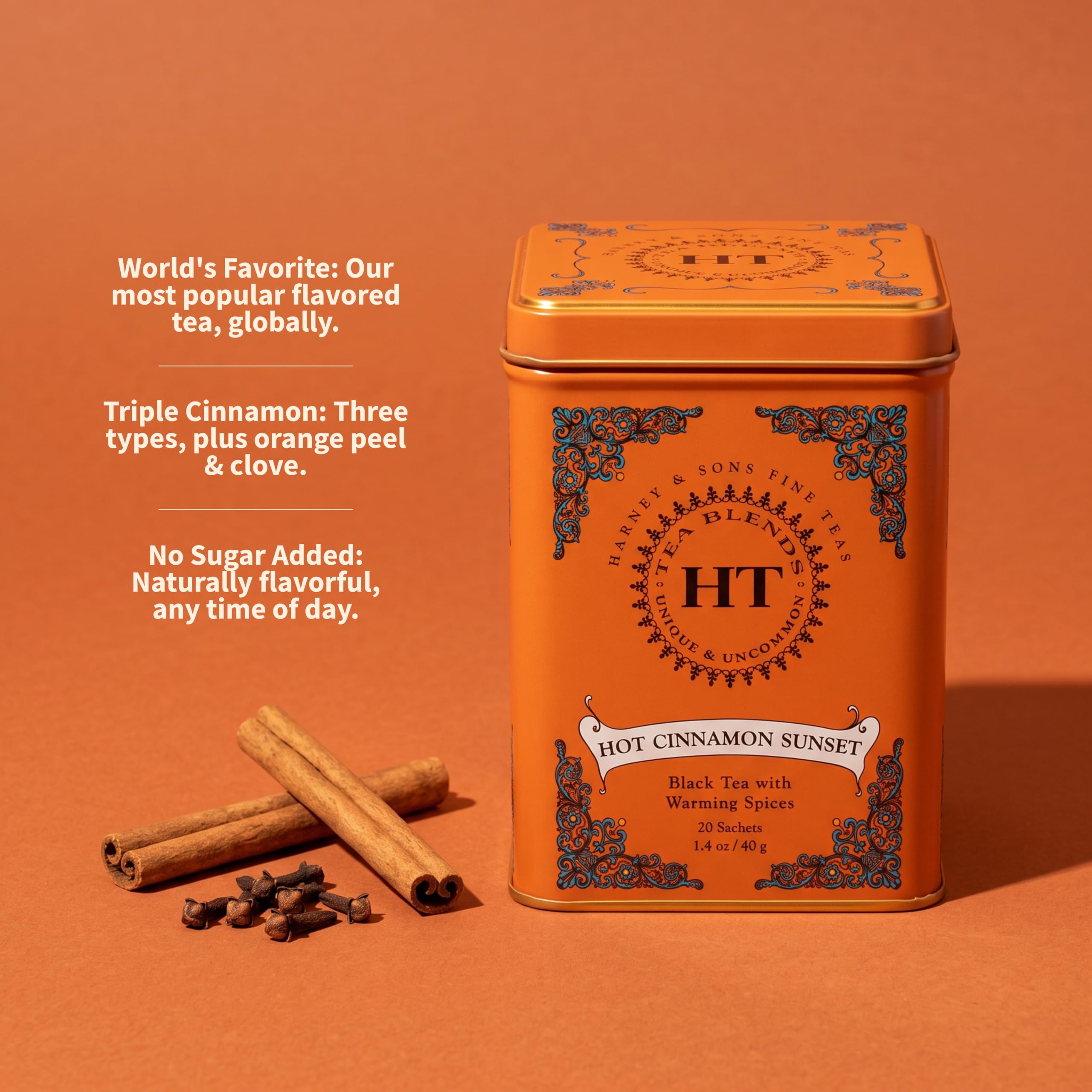 Front view of Harney & Sons tin containing 20 pyramid sachets