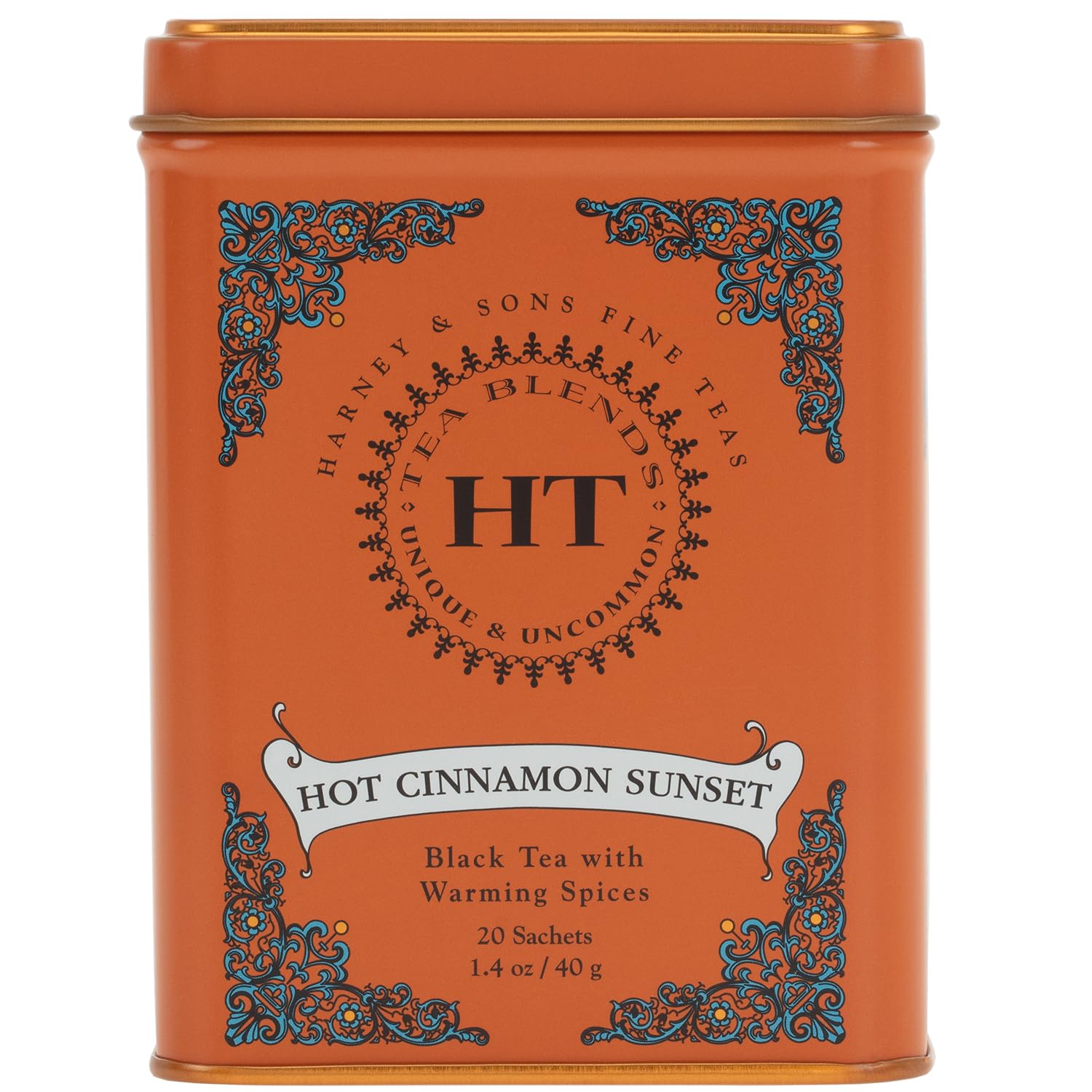 Harney & Sons caffeinated hot cinnamon sunset black tea tin with 20 pyramid sachets