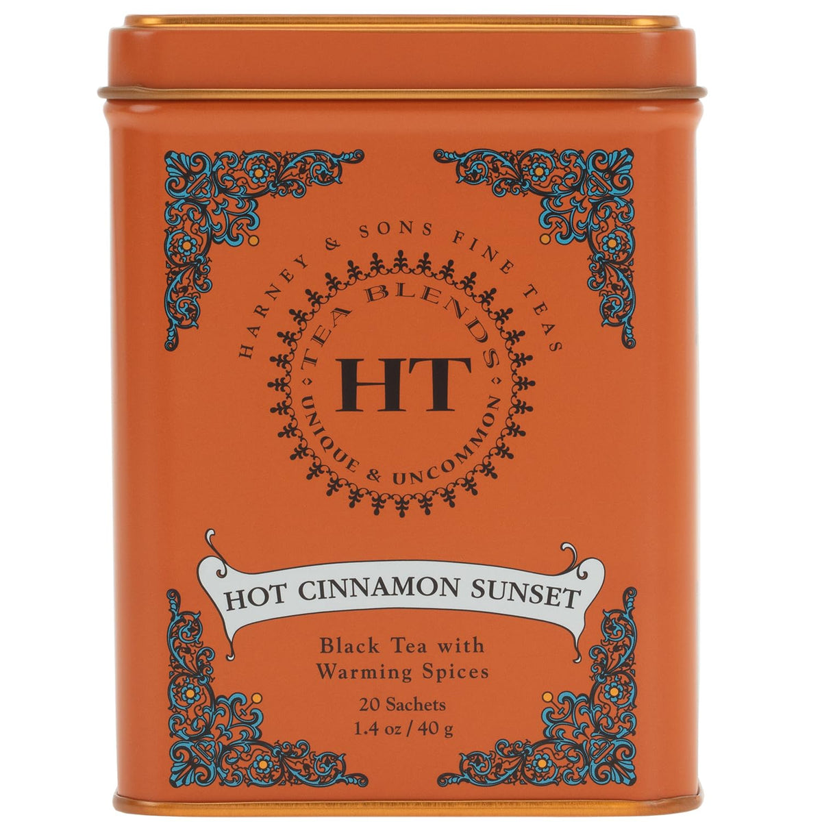 Harney & Sons caffeinated hot cinnamon sunset black tea tin with 20 pyramid sachets