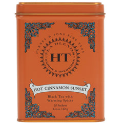 Harney & Sons caffeinated hot cinnamon sunset black tea tin with 20 pyramid sachets