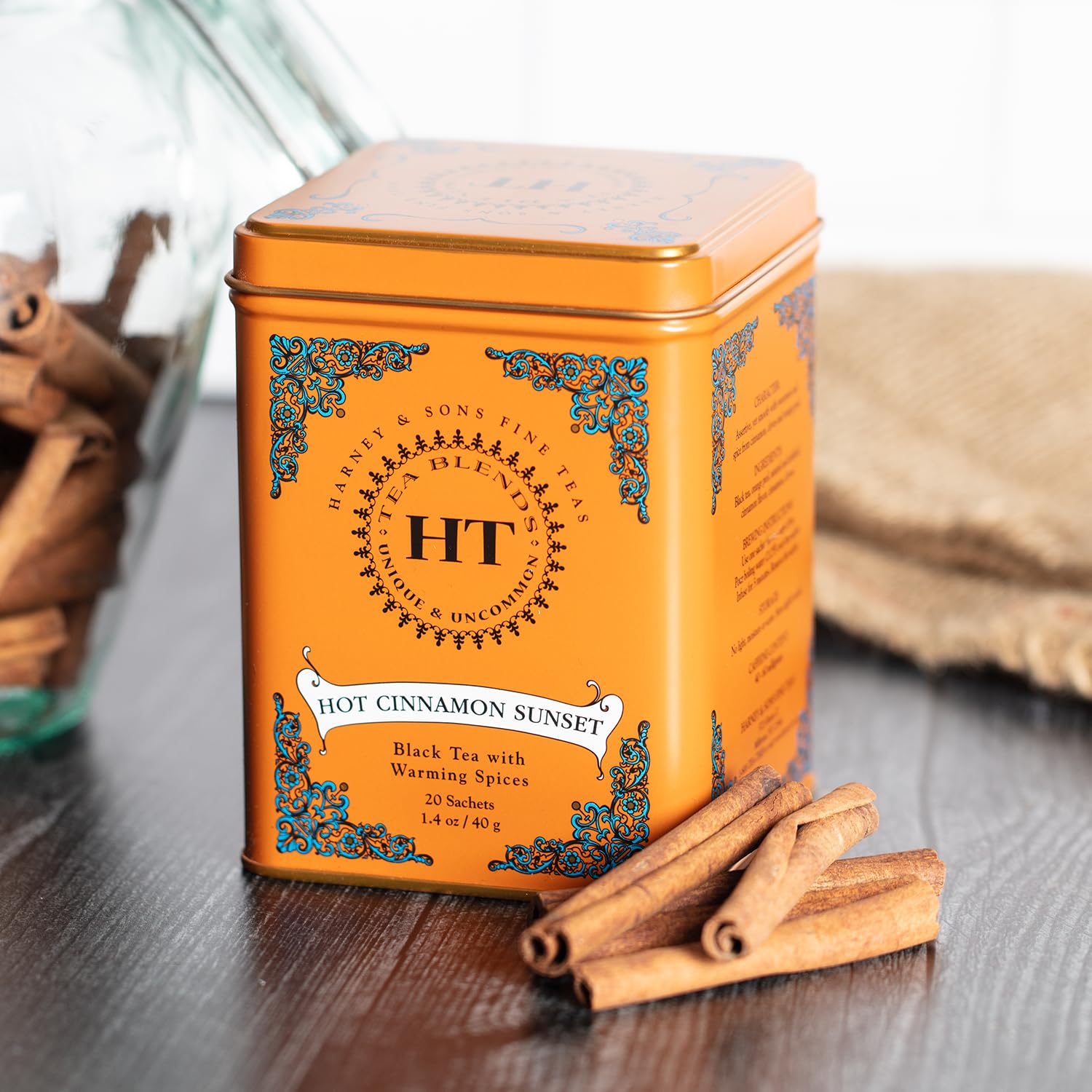 Cinnamon sunset black tea packaging from Harney & Sons