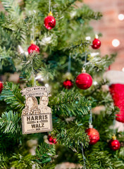 Kamala Harris and Tim Walz holiday ornament with hanger in Pacific Northwest studio