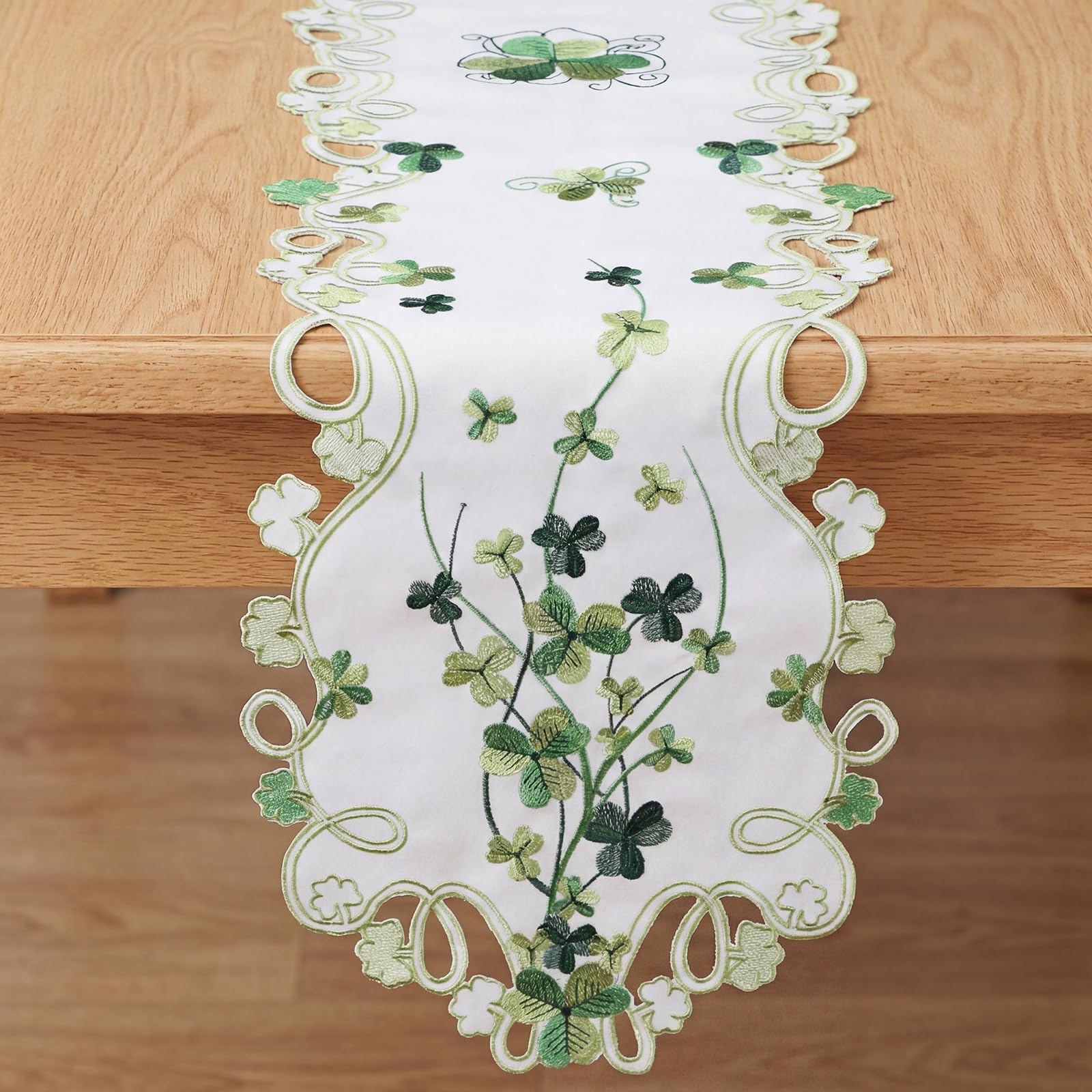 Haull St Patrick's Day table runner with embroidered shamrock detail
