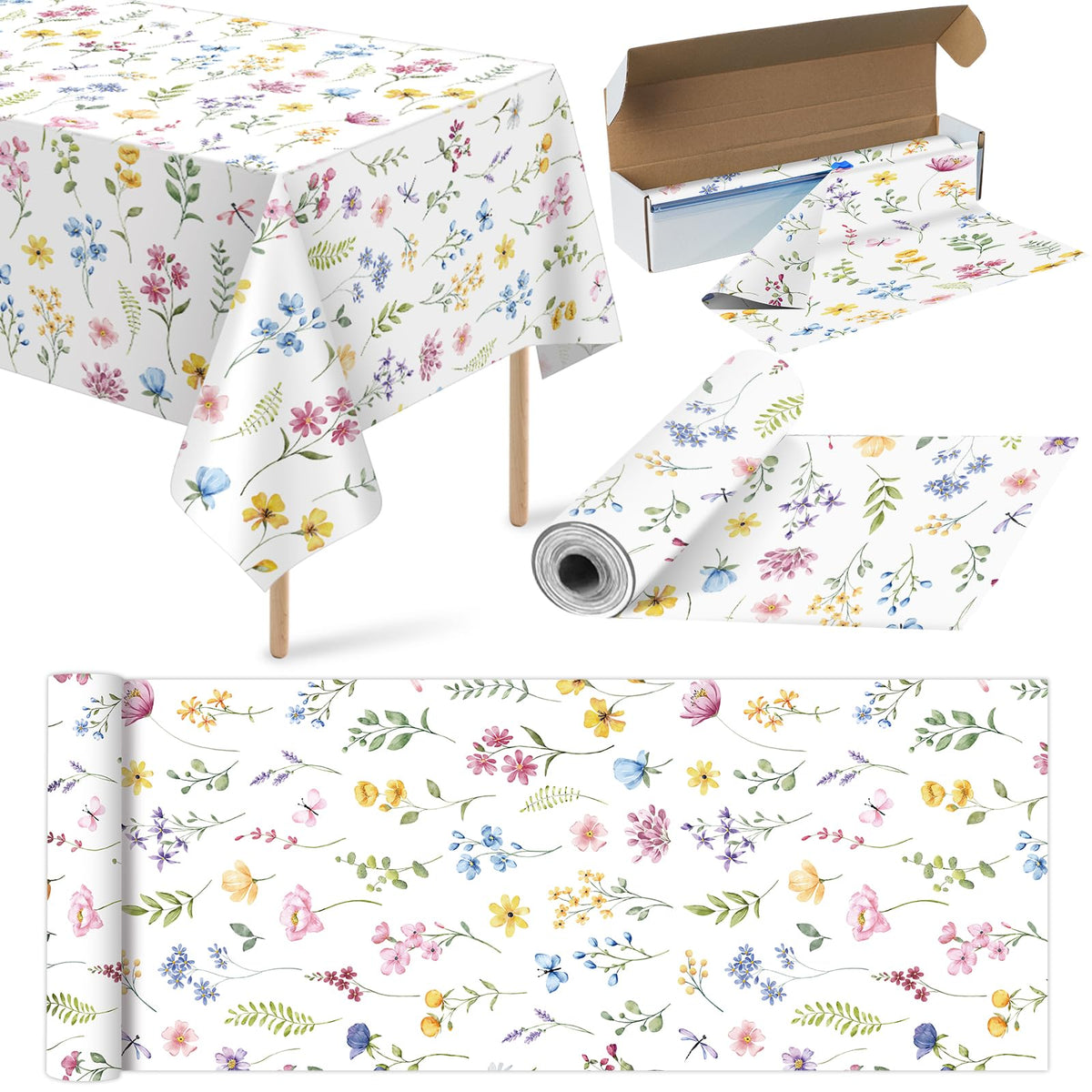 Hauwellter Spring Floral Tablecloth Roll 100FTx54 Inch multi color wildflower print