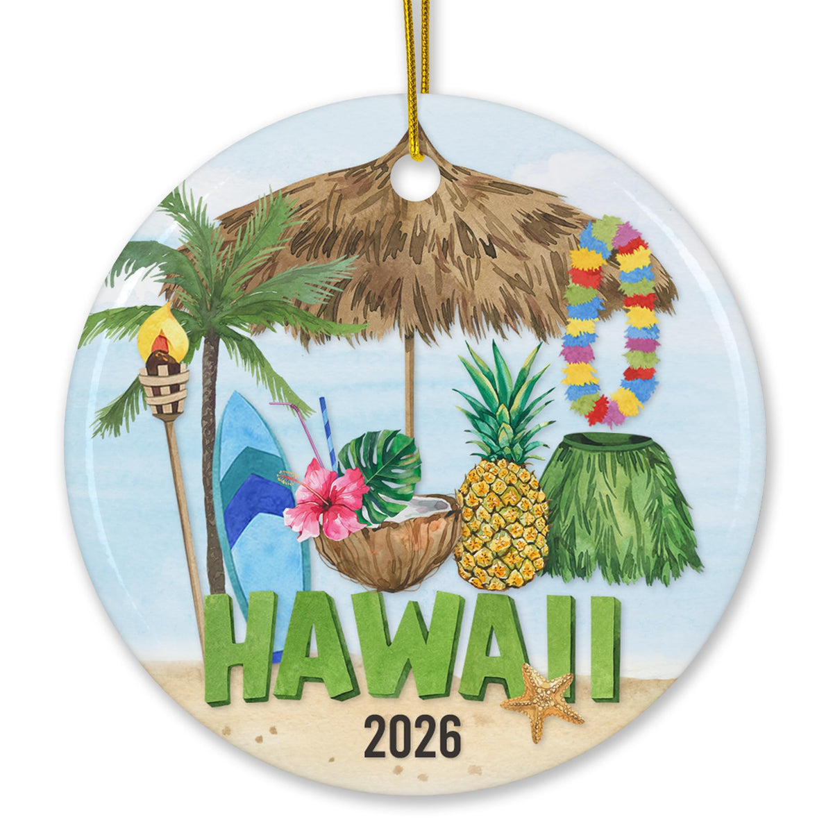 Hawaii destination collage ornament palm tree tiki torch surfboards front print 3 inch ceramic