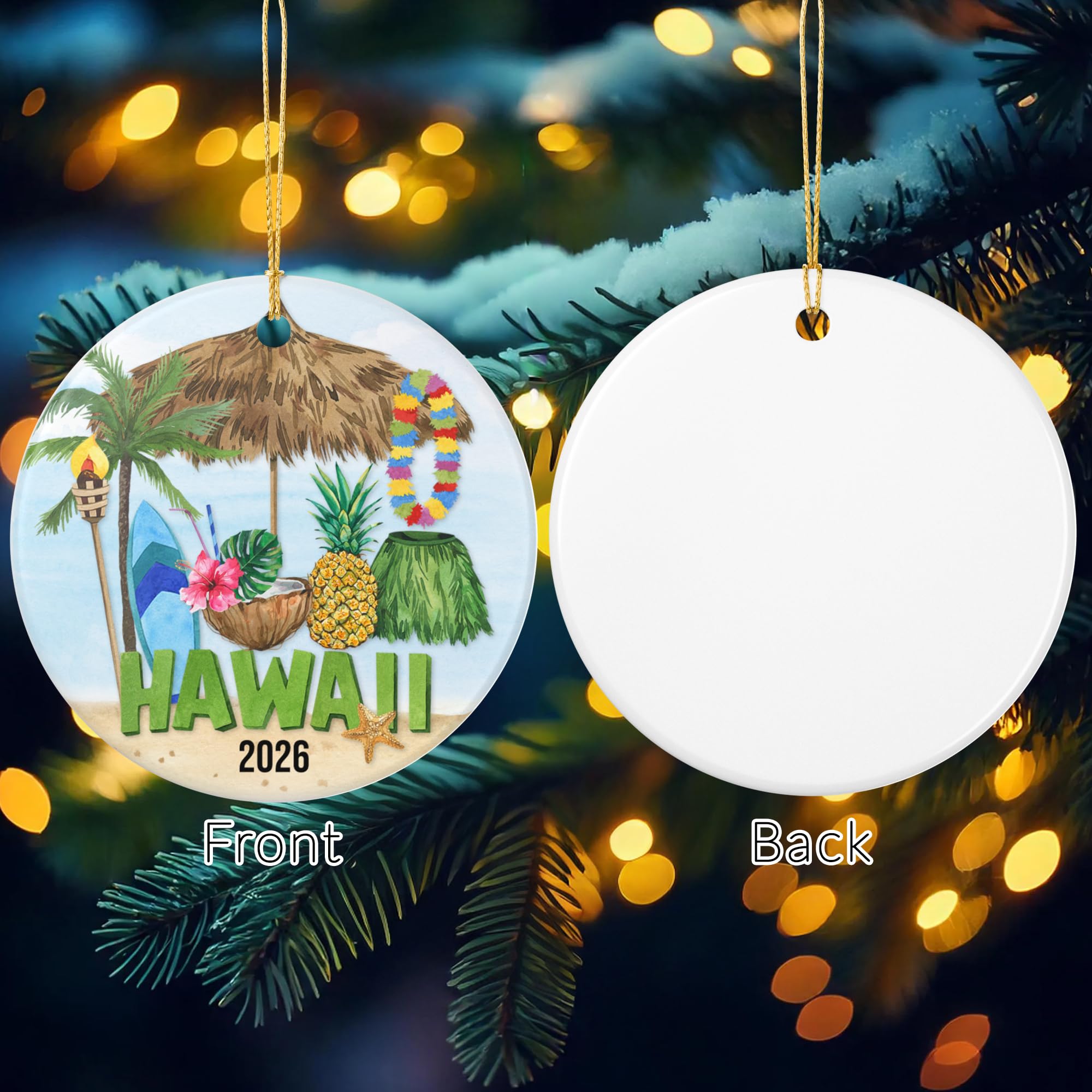 Glossy ceramic round ornament Hawaii collage back blank 3 inch diameter