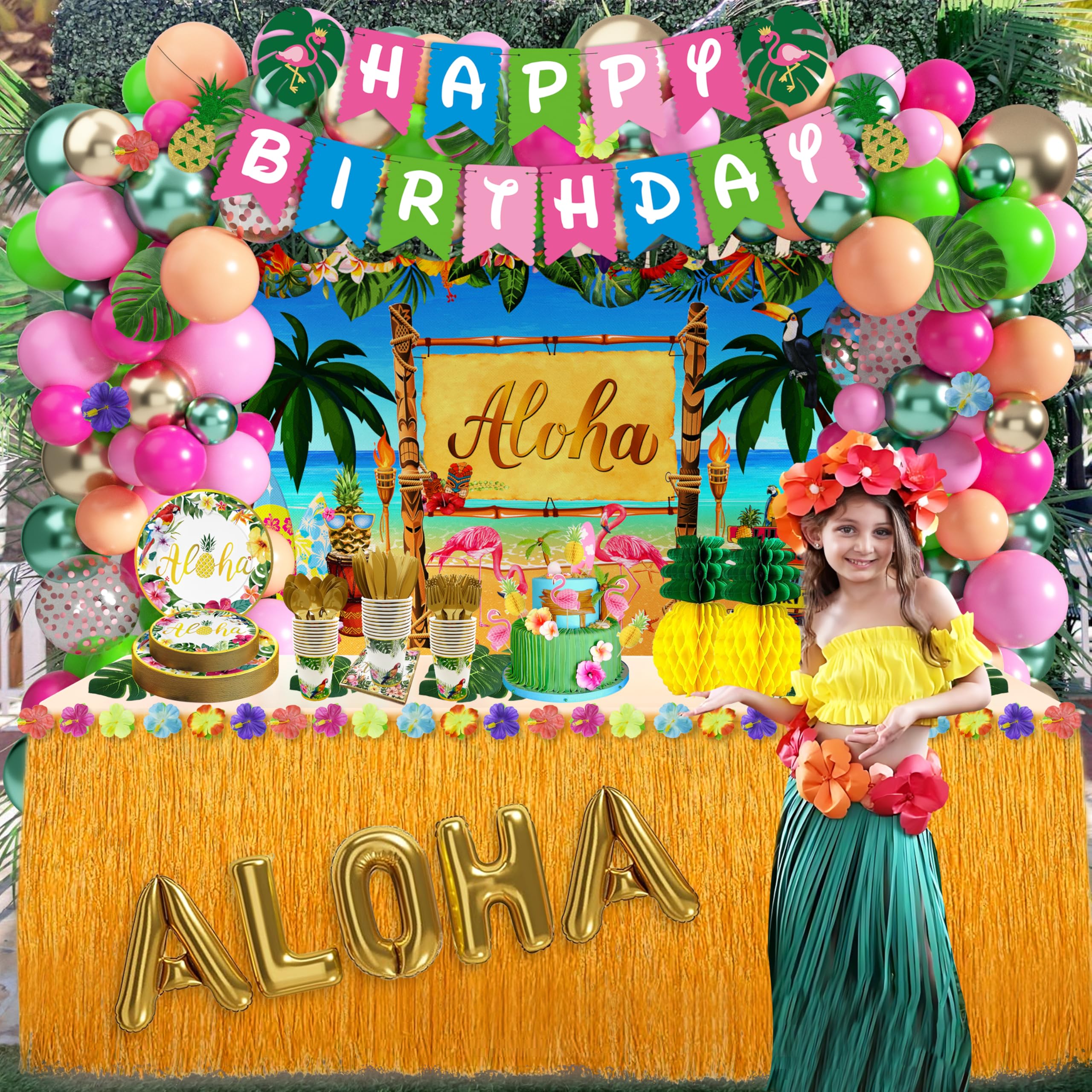 Hawaiian banner and tropical decor items in kit