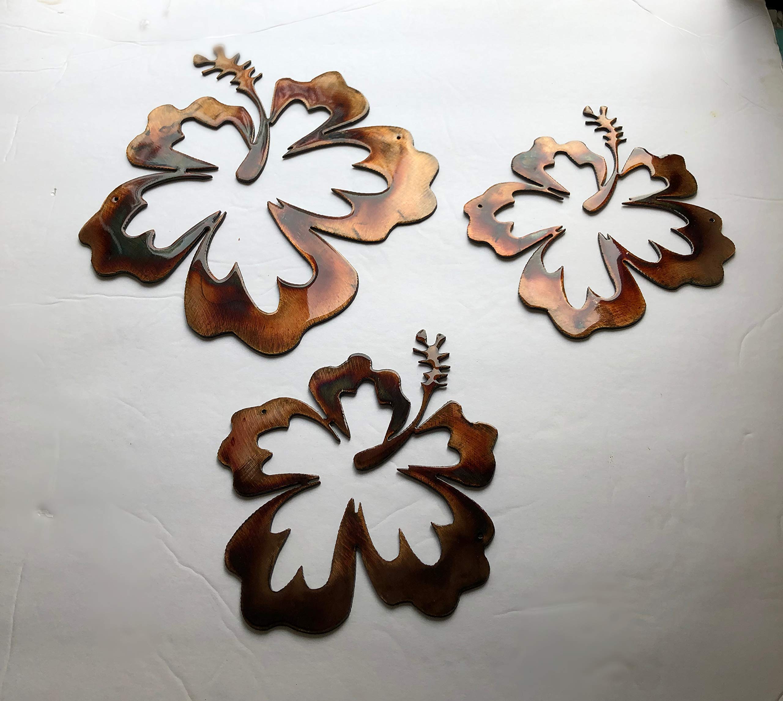 Color options copper bronze silver or black for Hawaiian Hibiscus Trio metal wall art