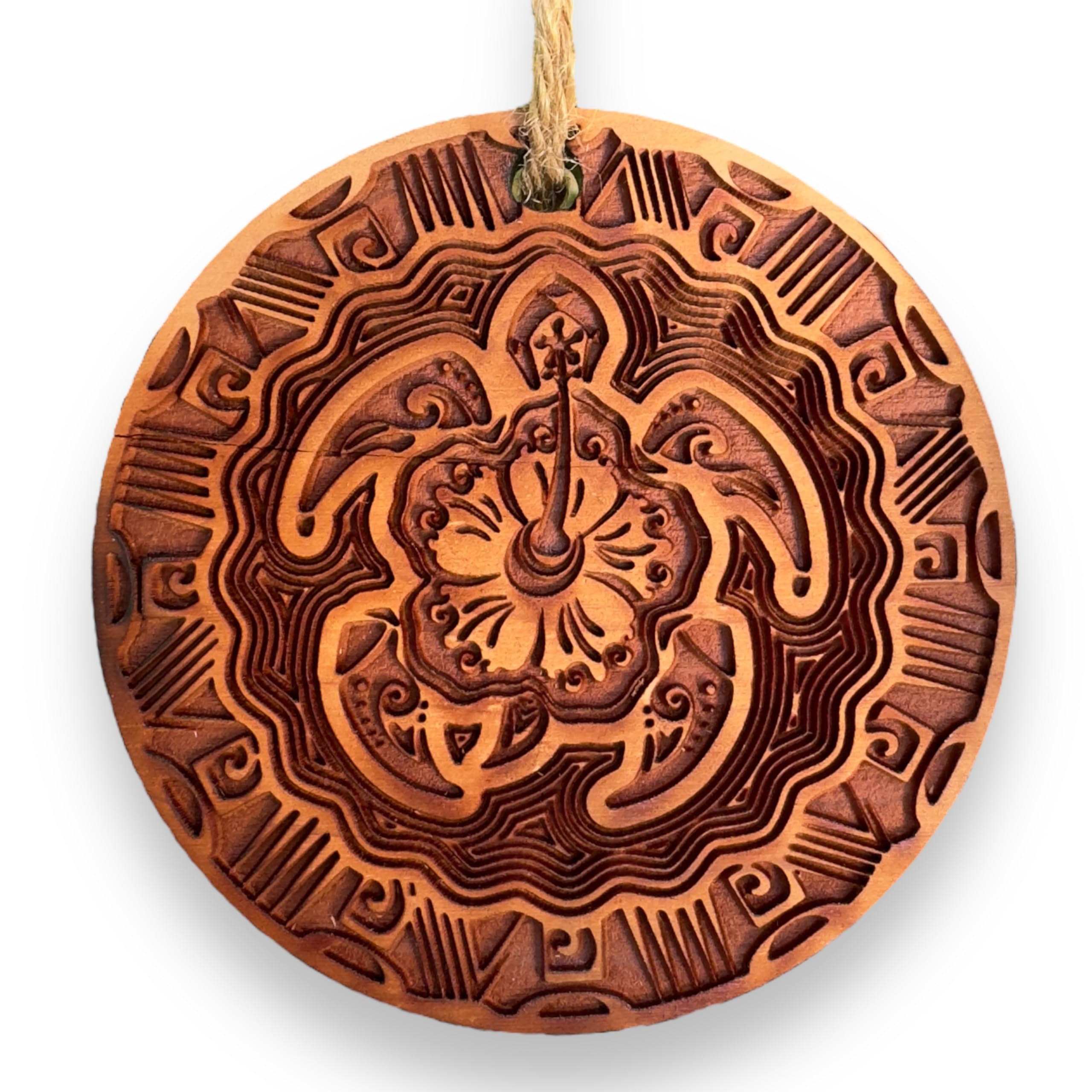 Laser engraved deep engraving cedar ornament close up