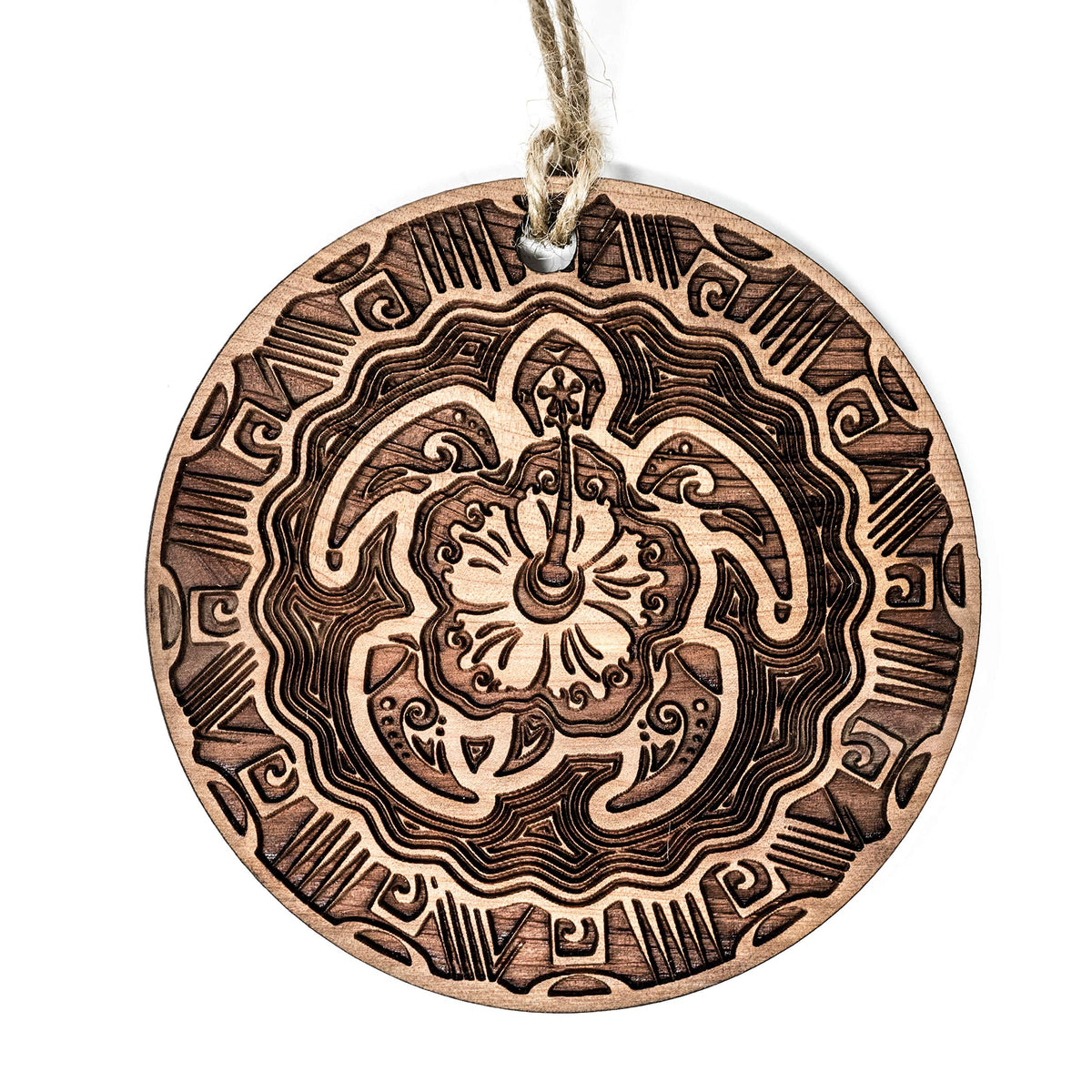 Hawaiian Turtle raw cedar ornament 3x3in front view