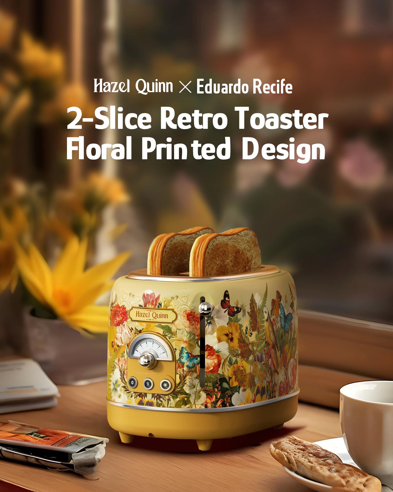 2-Slice retro toaster with 6 browning levels and floral accents