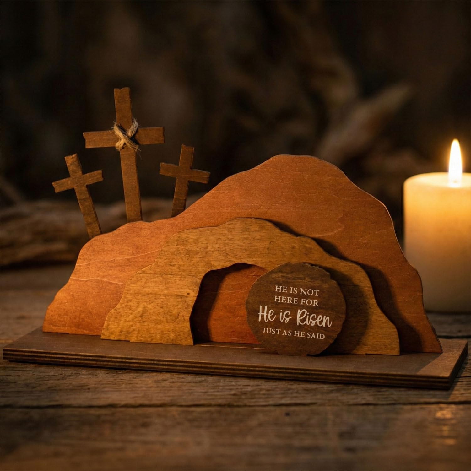 Wooden Easter decor highlighting the empty tomb and crosses