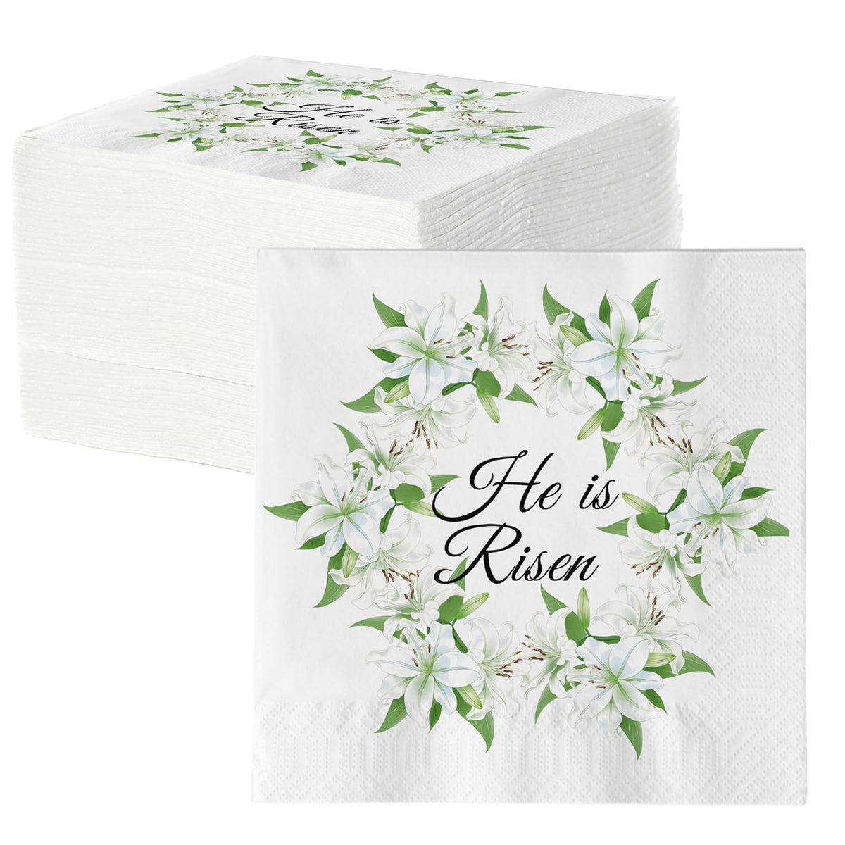 He Is Risen Easter Napkins 100 pack with lilies garland