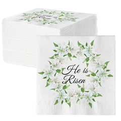 He Is Risen Easter Napkins 100 pack with lilies garland