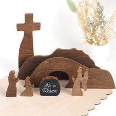 He Is Risen Wooden Decor tiered tray display in home