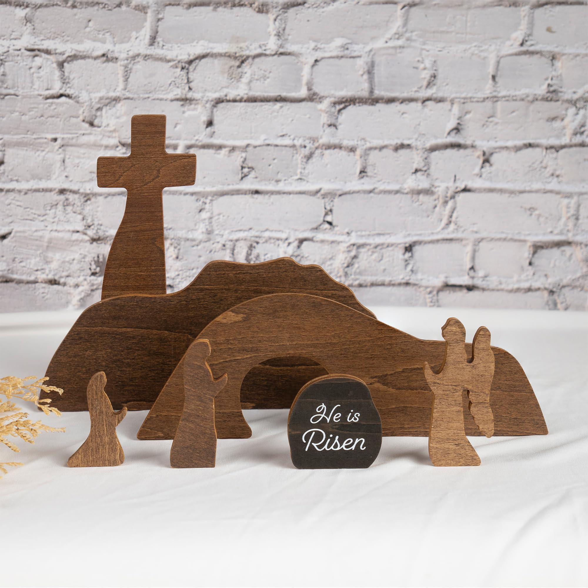 Handmade wooden Easter decor with cross and tomb