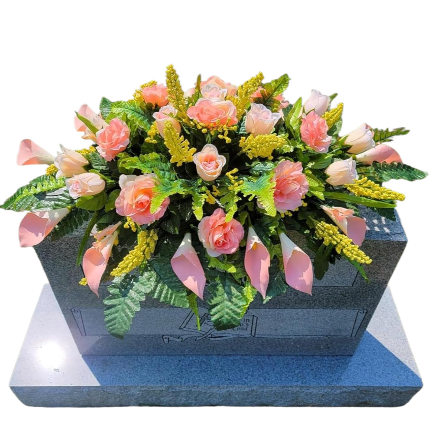 Headstone Flower Saddle with silk flowers on a grave marker