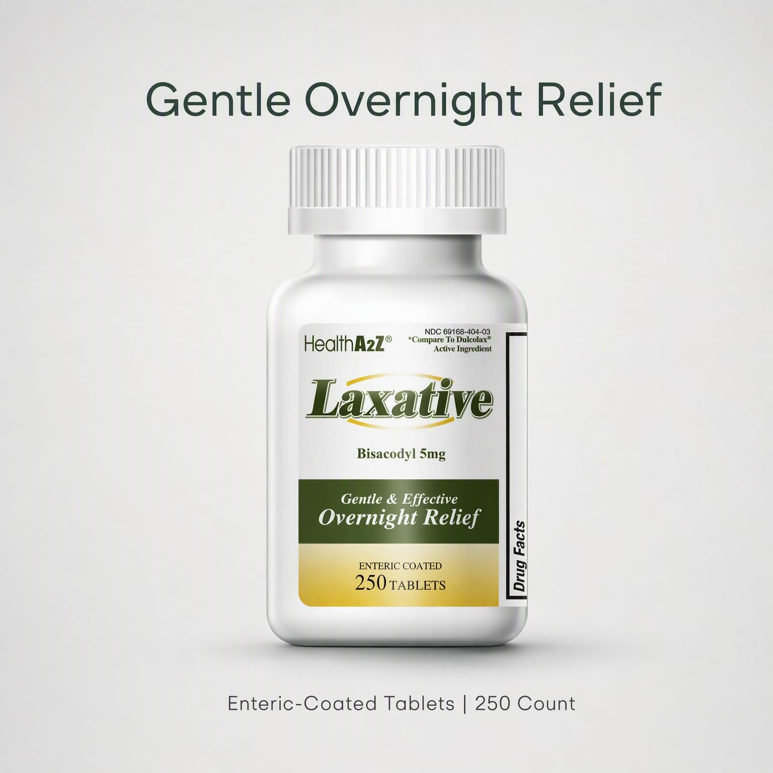 250 Count bottle HealthA2Z Laxative Bisacodyl 5mg packaging