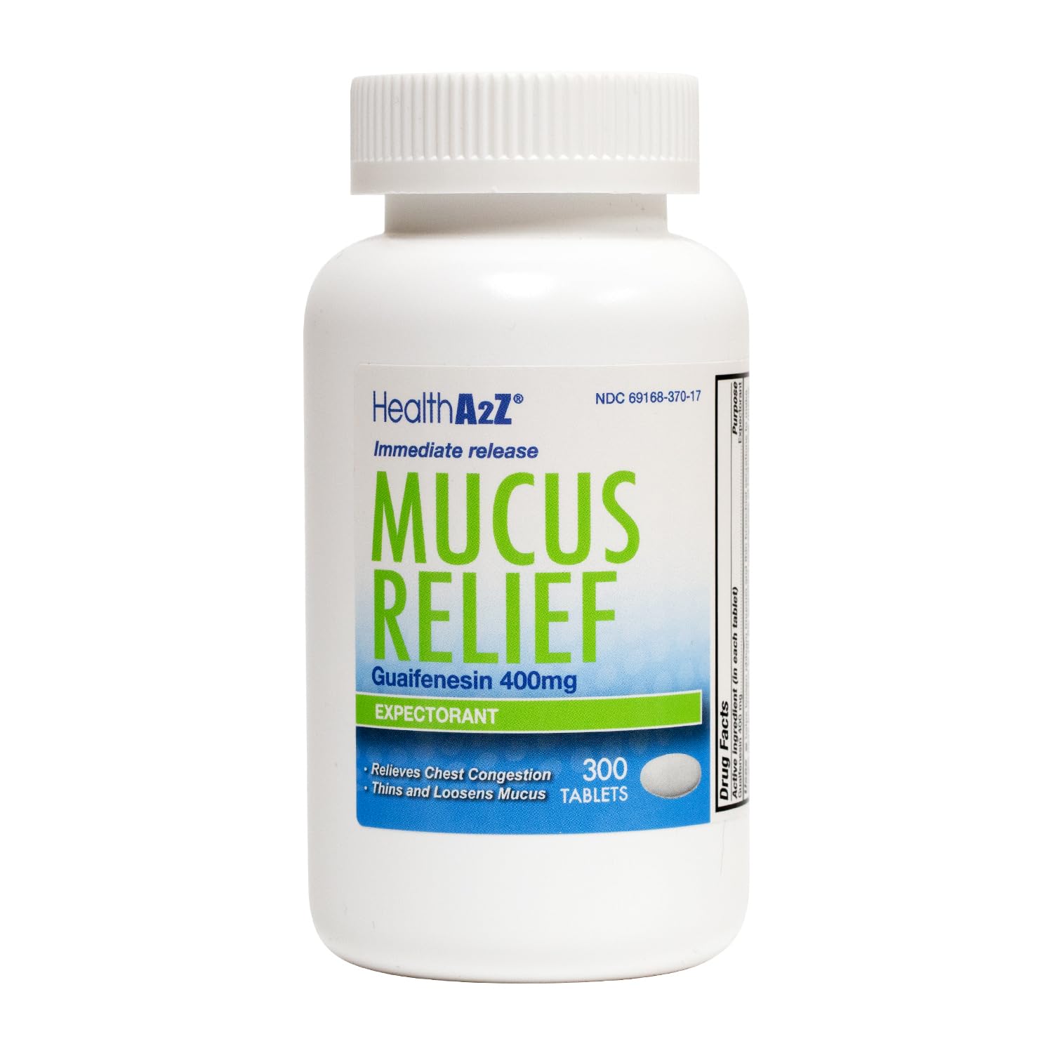 HealthA2Z Mucus Relief bottle label with Guaifenesin 400mg 300 Count