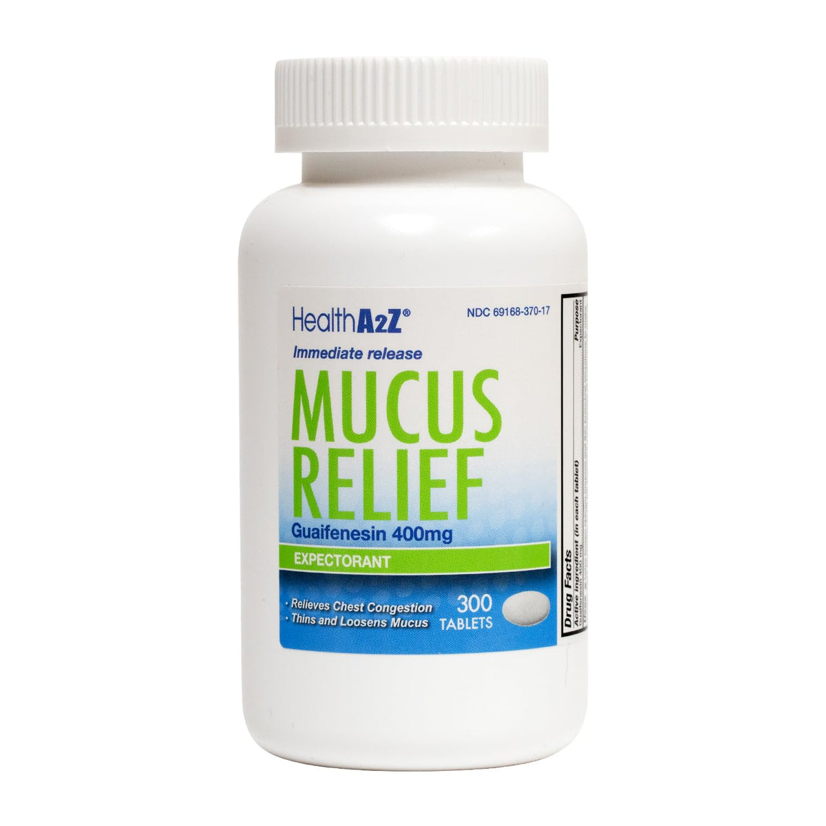 HealthA2Z Mucus Relief bottle label with Guaifenesin 400mg 300 Count