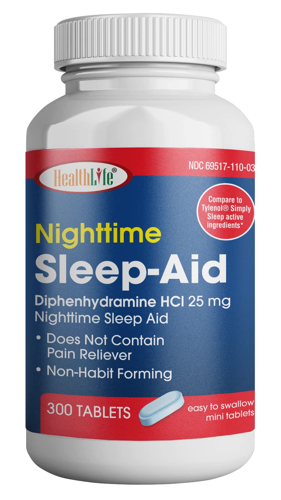 HealthLife Sleep Aid mini caplets 25 mg Diphenhydramine HCl 300 count packaging