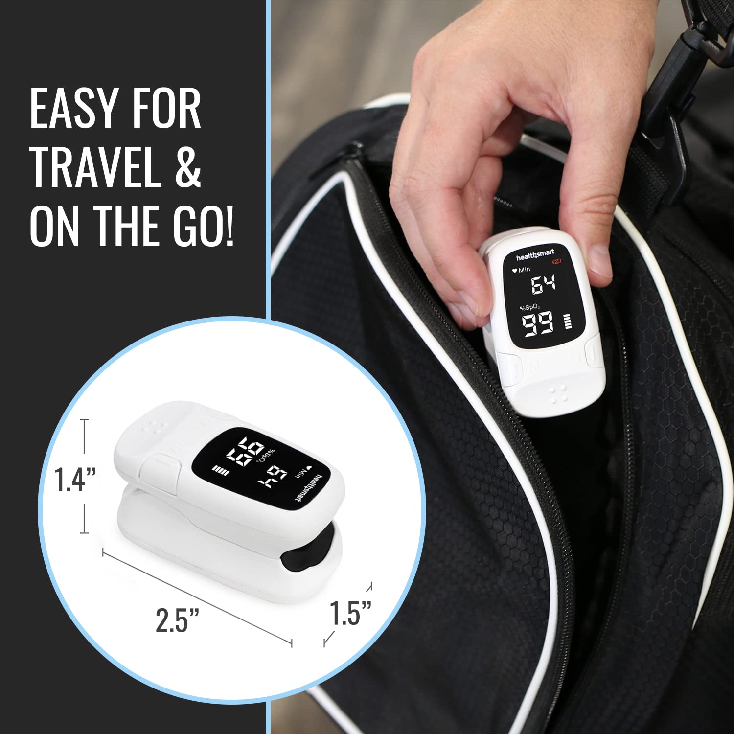 HealthSmart oximeter accuracy 99% and pulse rate range 30-240 bpm