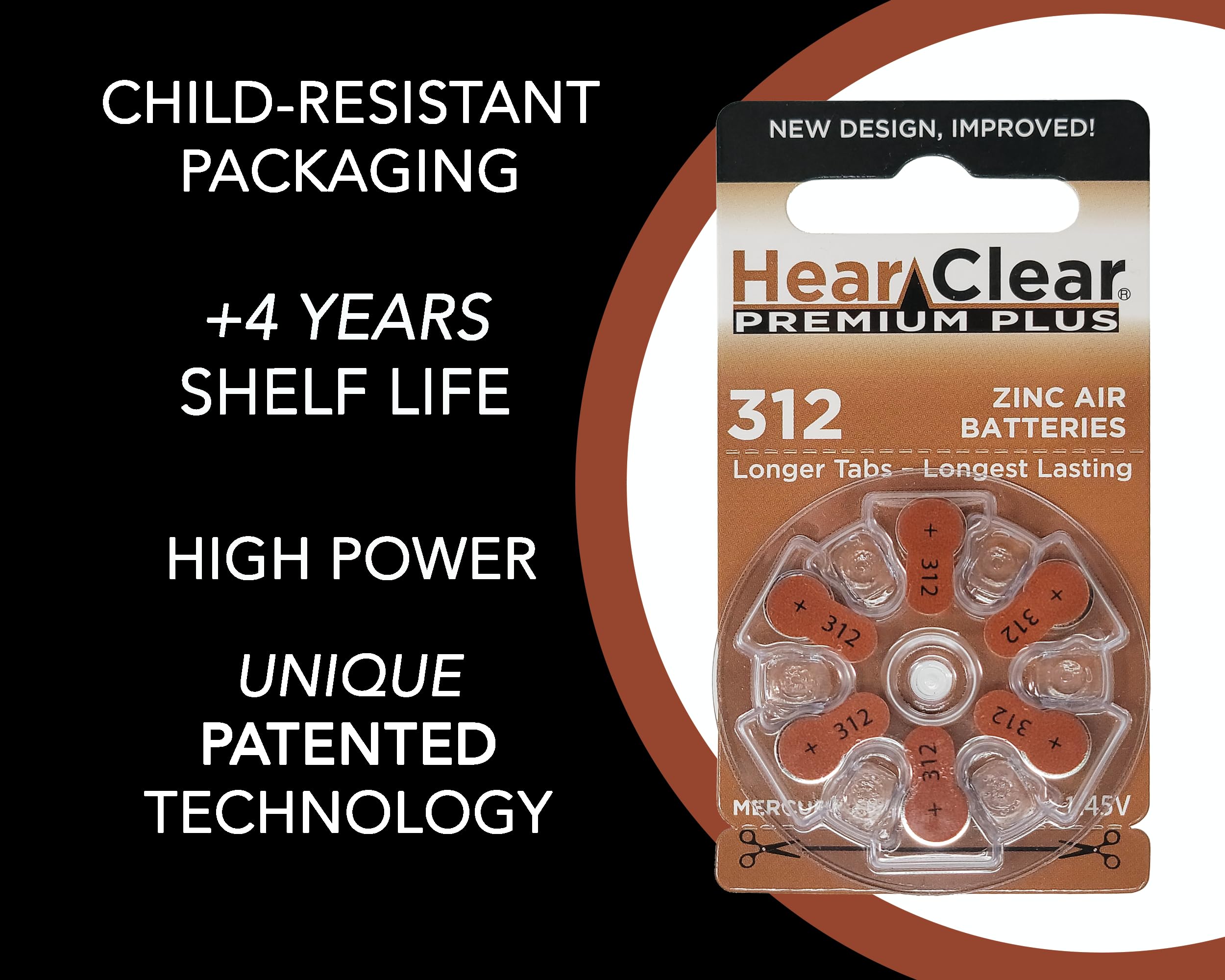 Hear Clear 312 PR41 1.45V zinc air battery for hearing aids