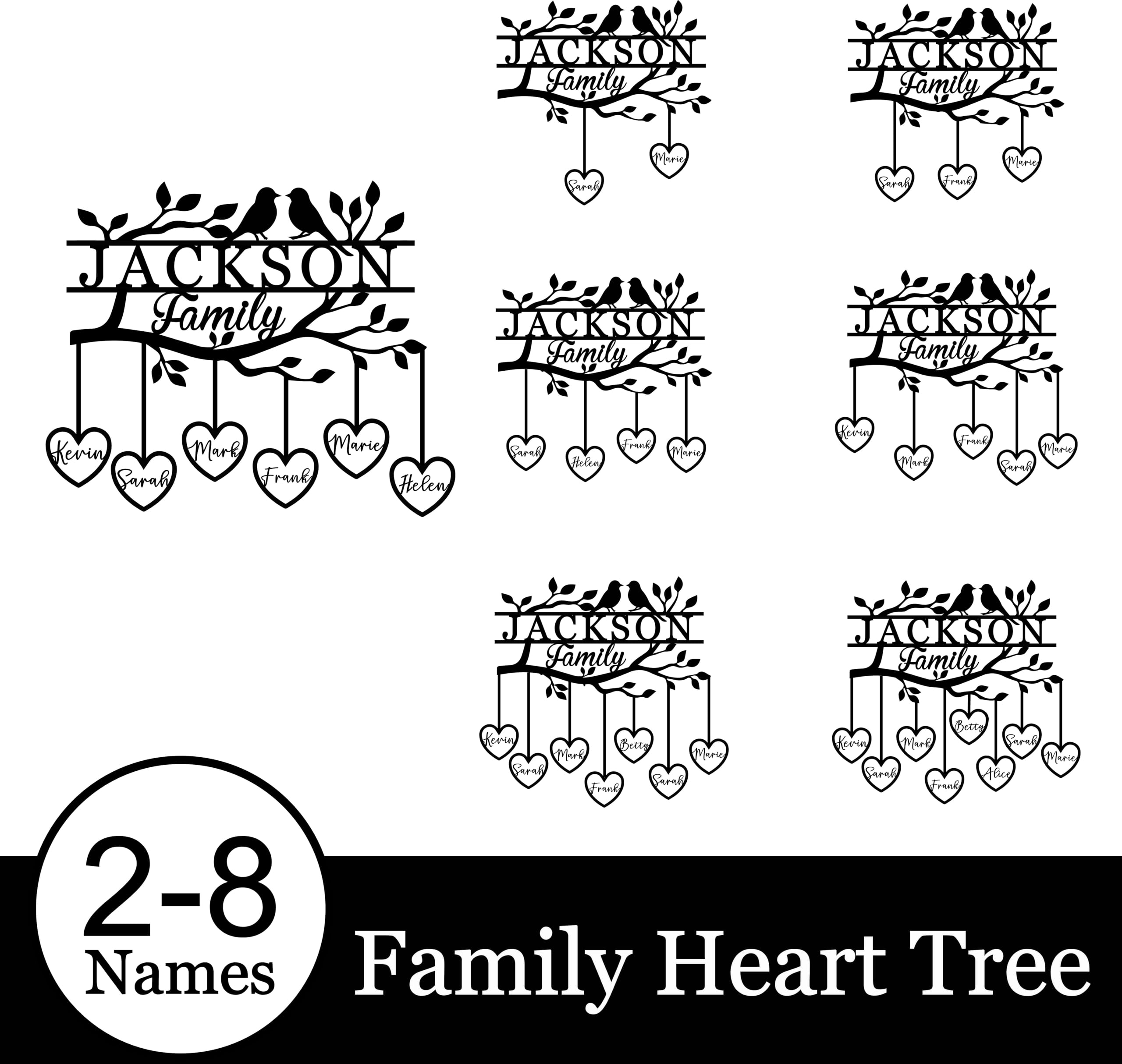 Heart name accents on metal family tree sign