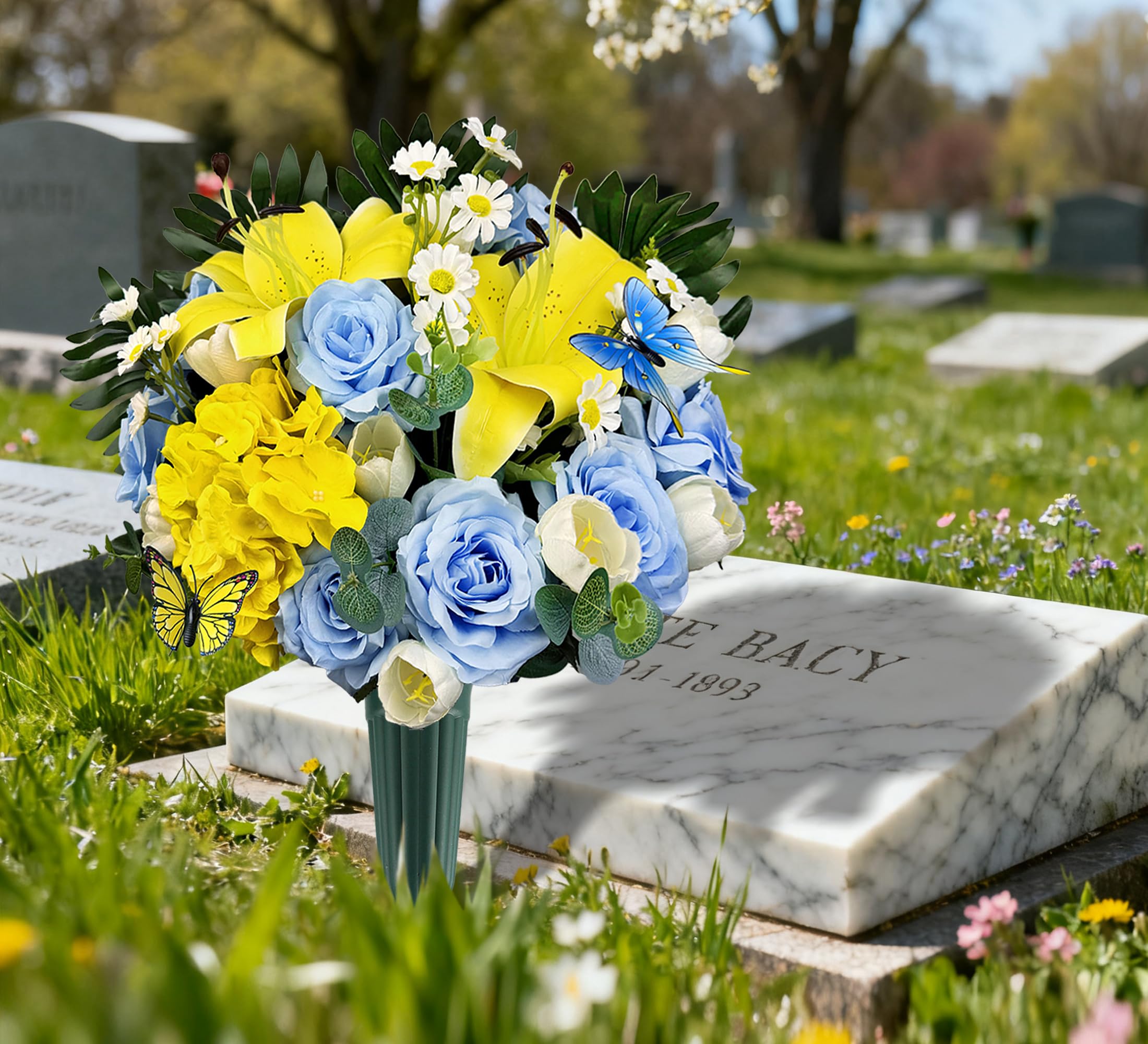 Heat bonded flowers secured in foam base