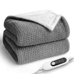 Heated Blanket grey 50x60 fabric combo of faux rabbit fur and flannel