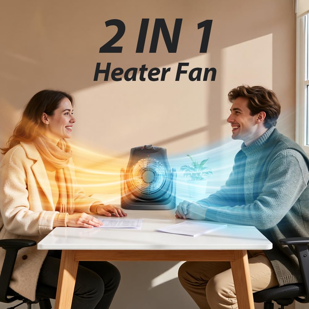 Desk use example showing heater and fan in home office