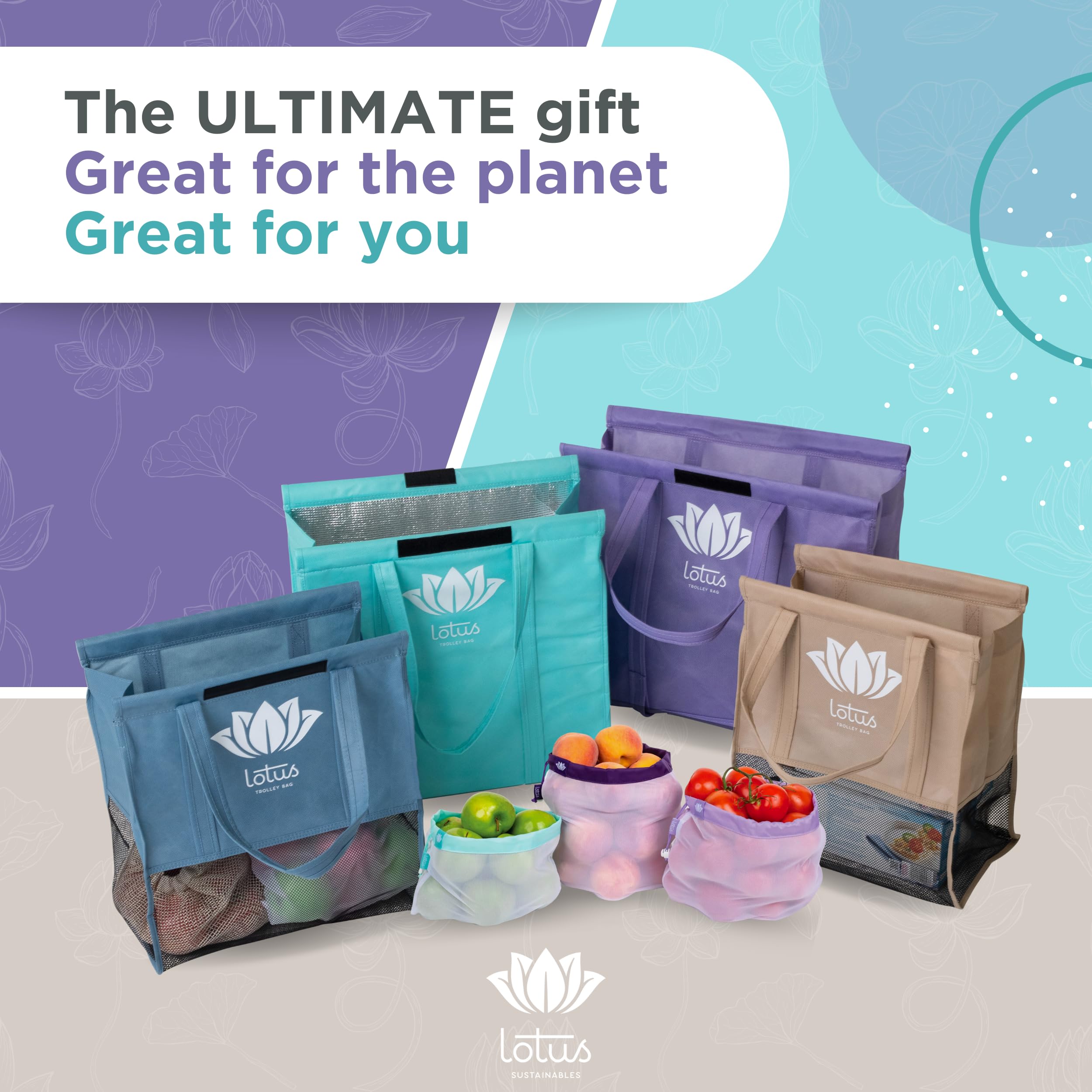 Mesh-bottom washable grocery bags included in Lotus Original Trolley