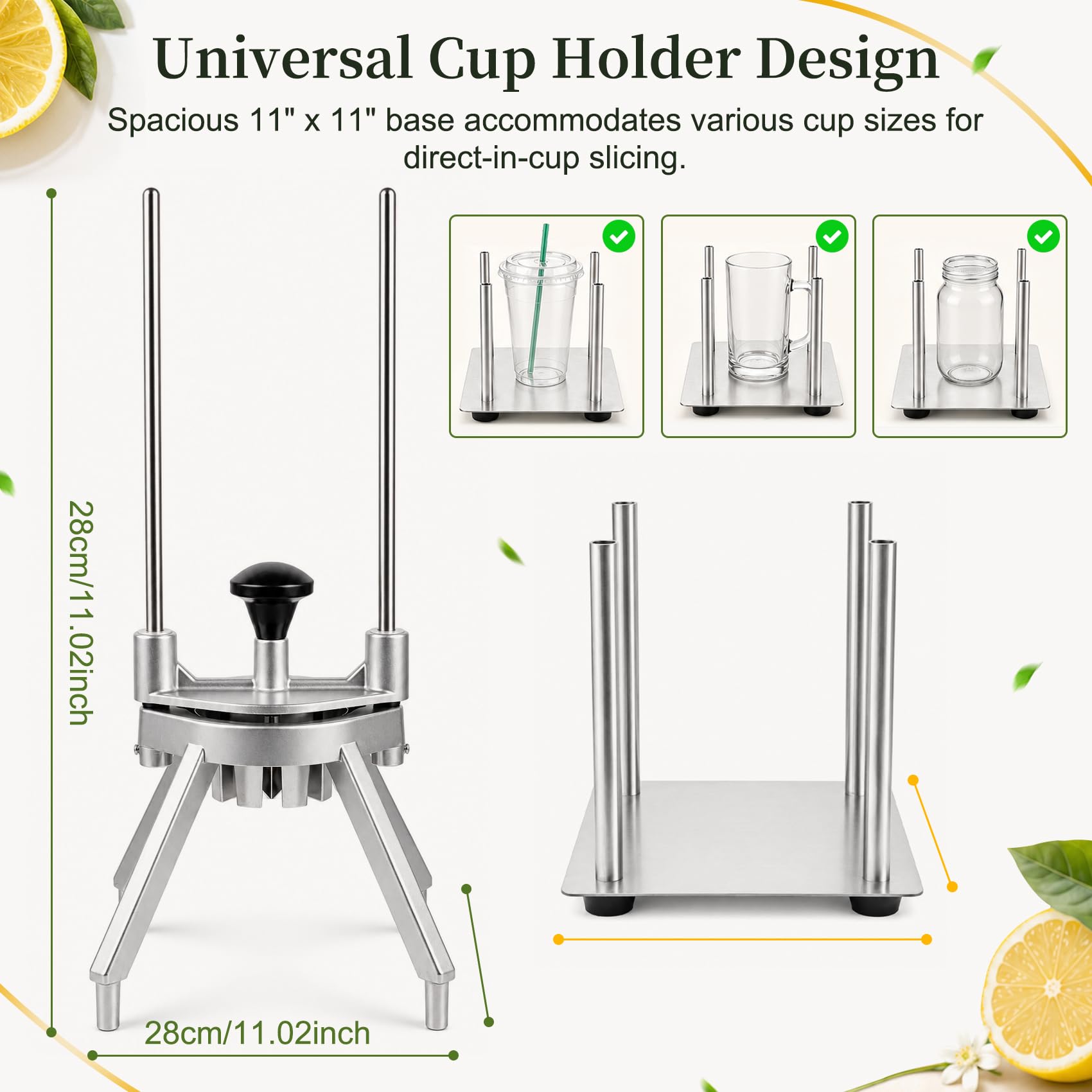 Heavy-duty cast aluminum body of the lemon cutter with stand