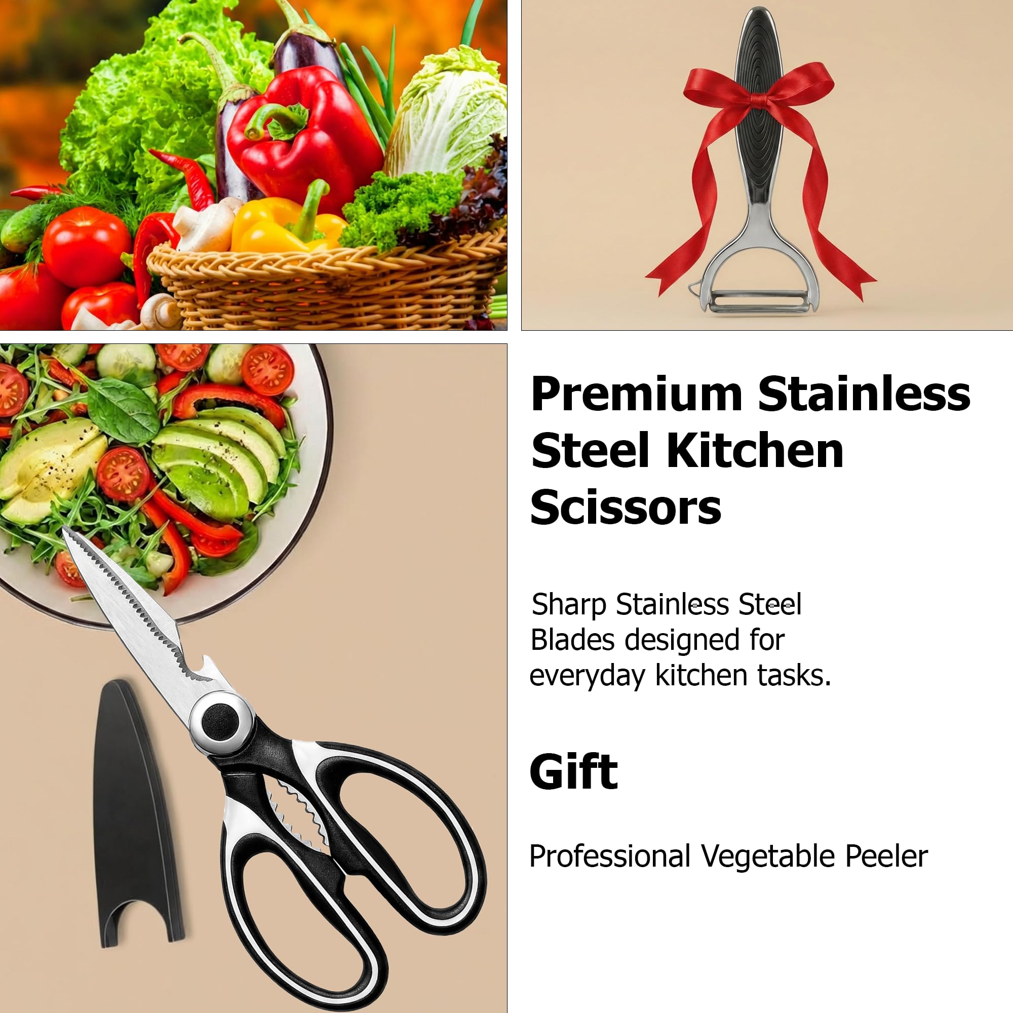 Heavy duty kitchen scissors close up with metal peeler