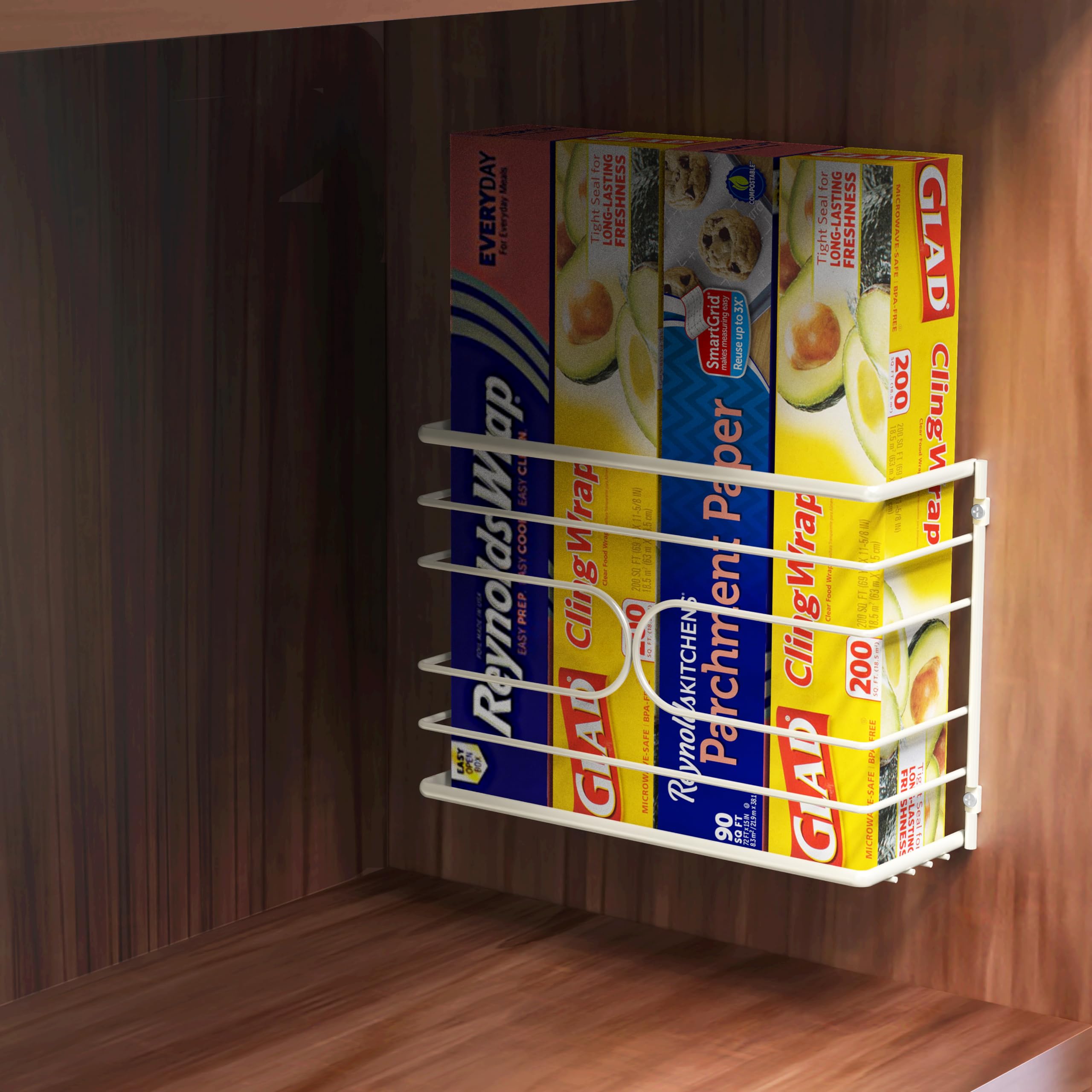 Close up of heavy gauge steel wrap organizer