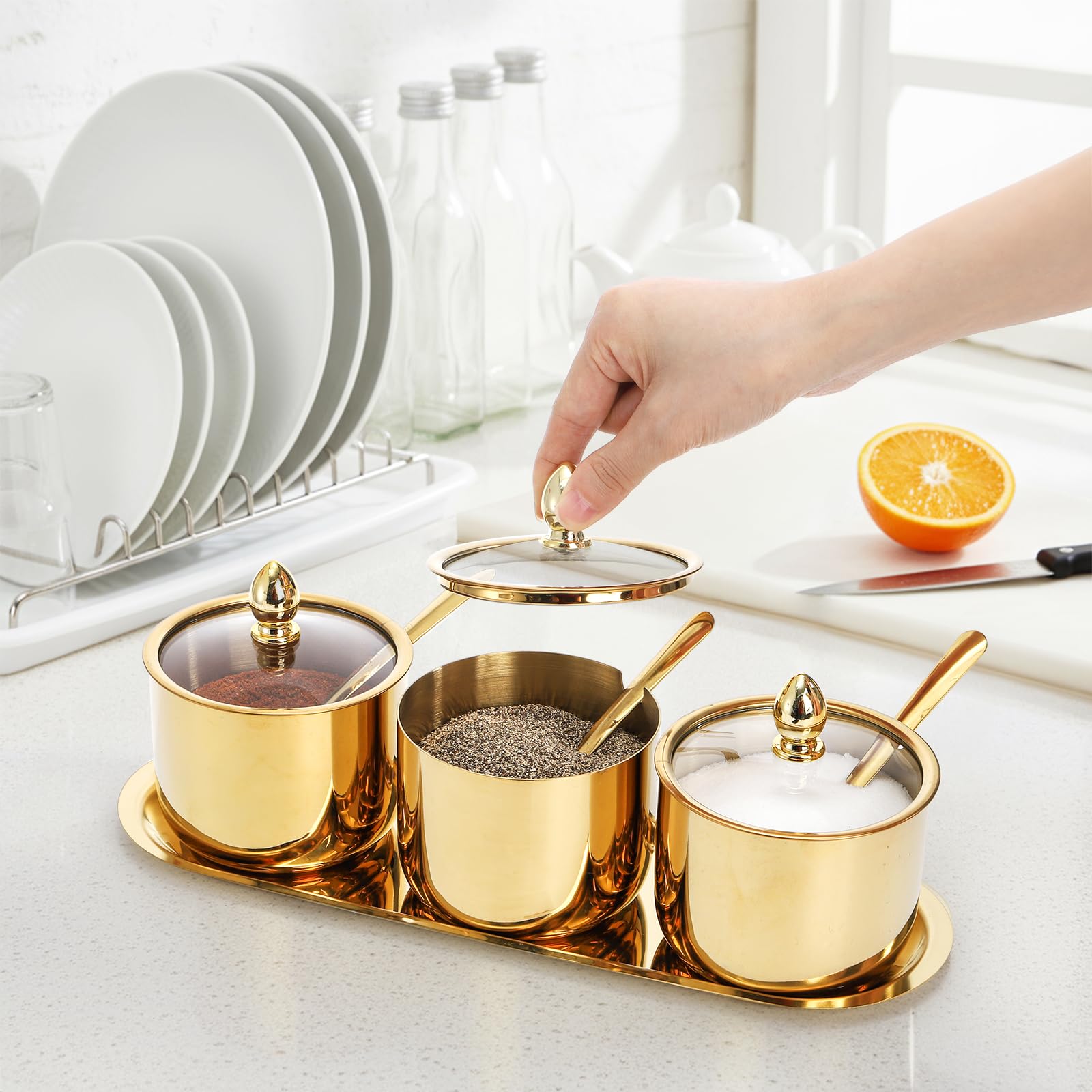 Stainless steel condiment jars for kitchen storage by Hedume
