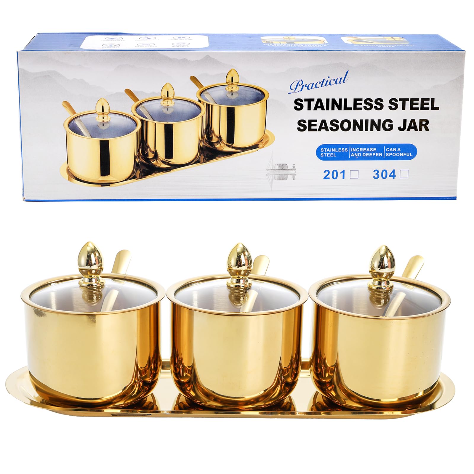 Gold finish Hedume seasoning containers with glass lids and tray