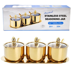 Gold finish Hedume seasoning containers with glass lids and tray