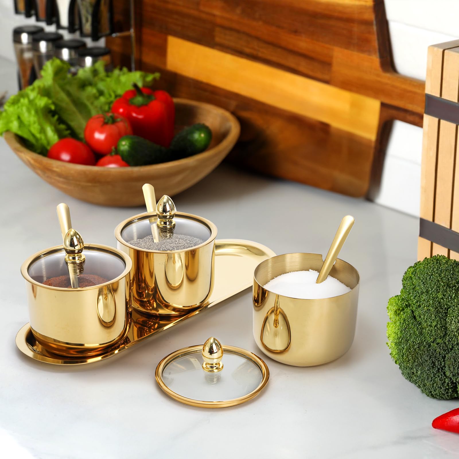 Hedume spice canisters arranged on tray for home use