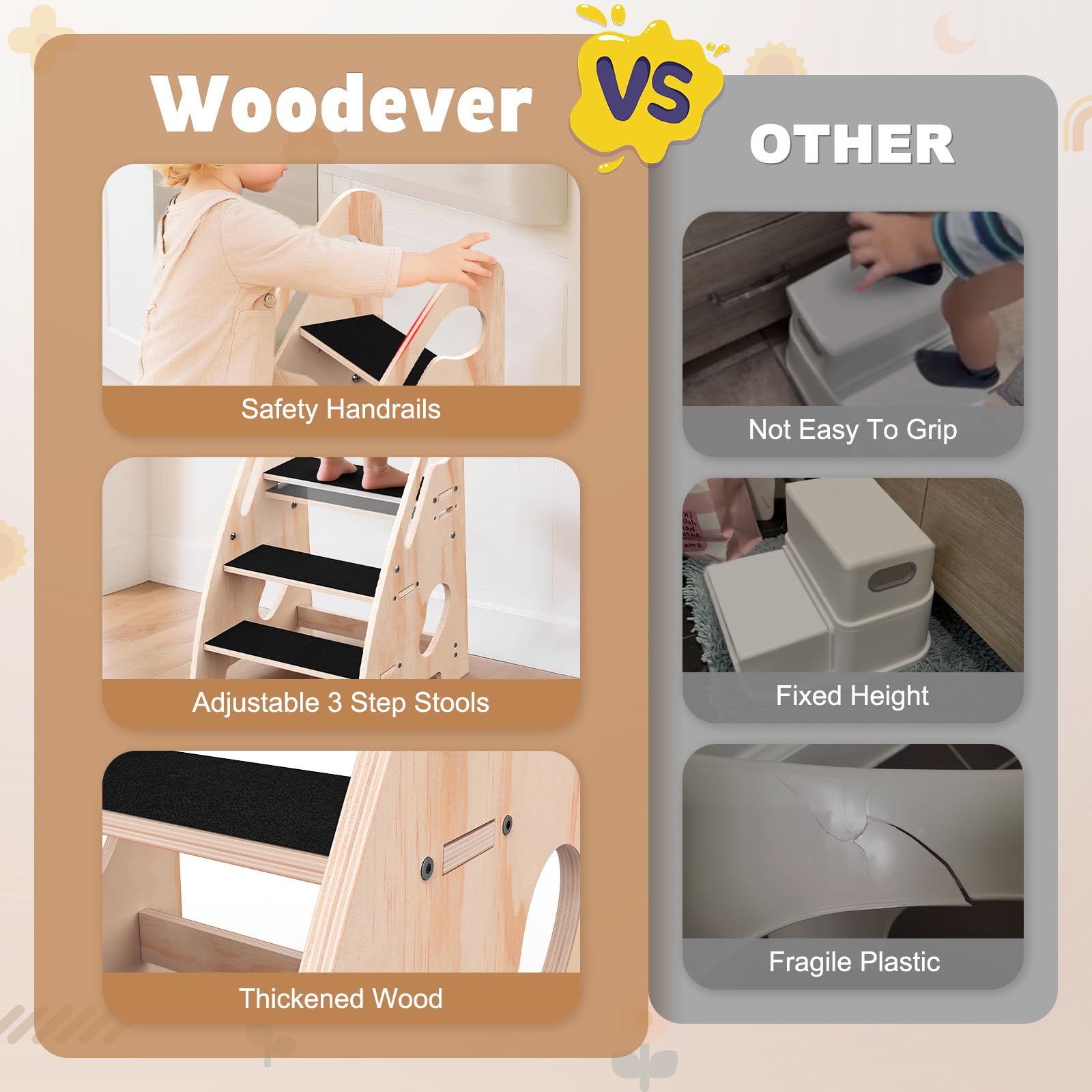 Wooden toddler stool with non-slip pads