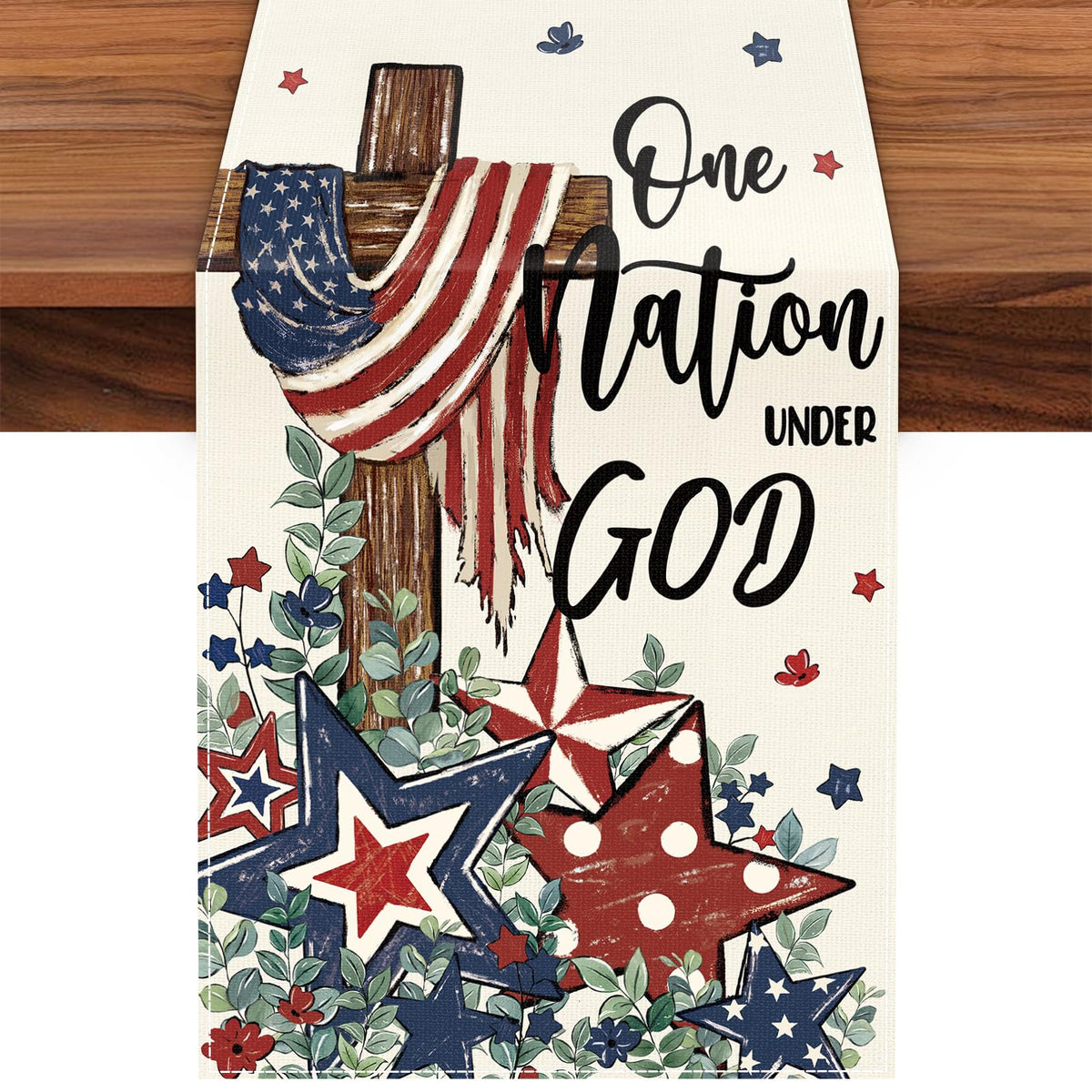 Heirloom Haven patriotic table runner with stars cross design