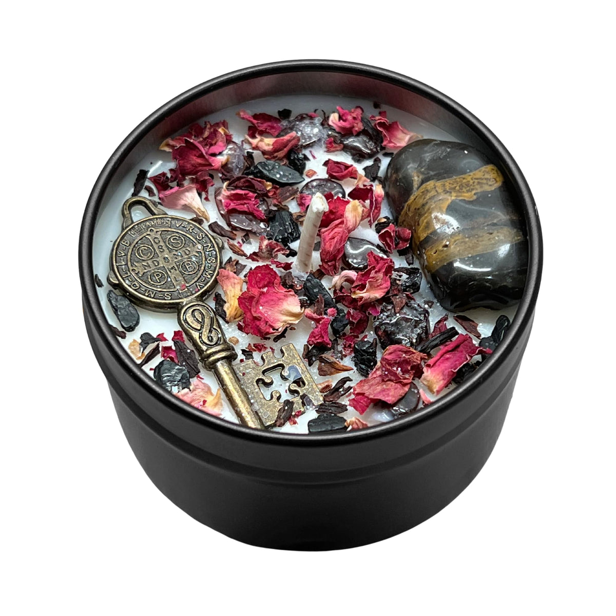 Hekate Dark Moon Goddess Candle in black tin 8oz on altar shelf