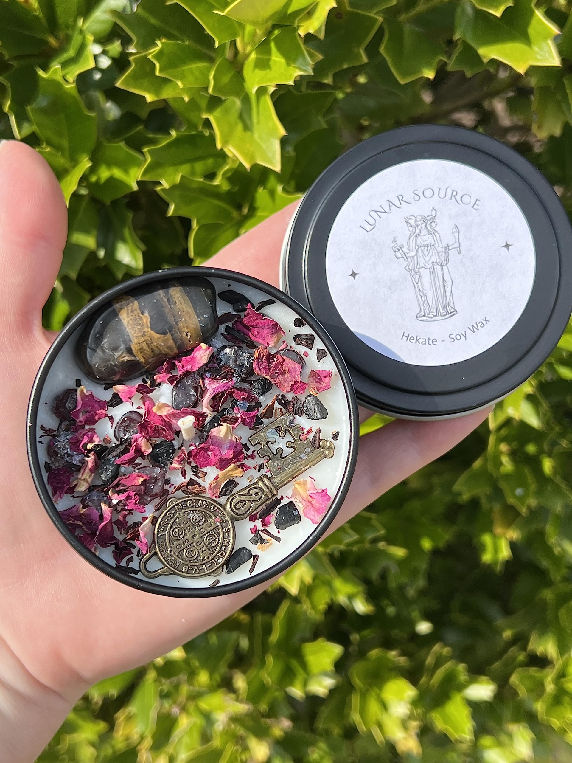 Hekate Dark Moon Goddess Candle in silver tin 8oz with lid