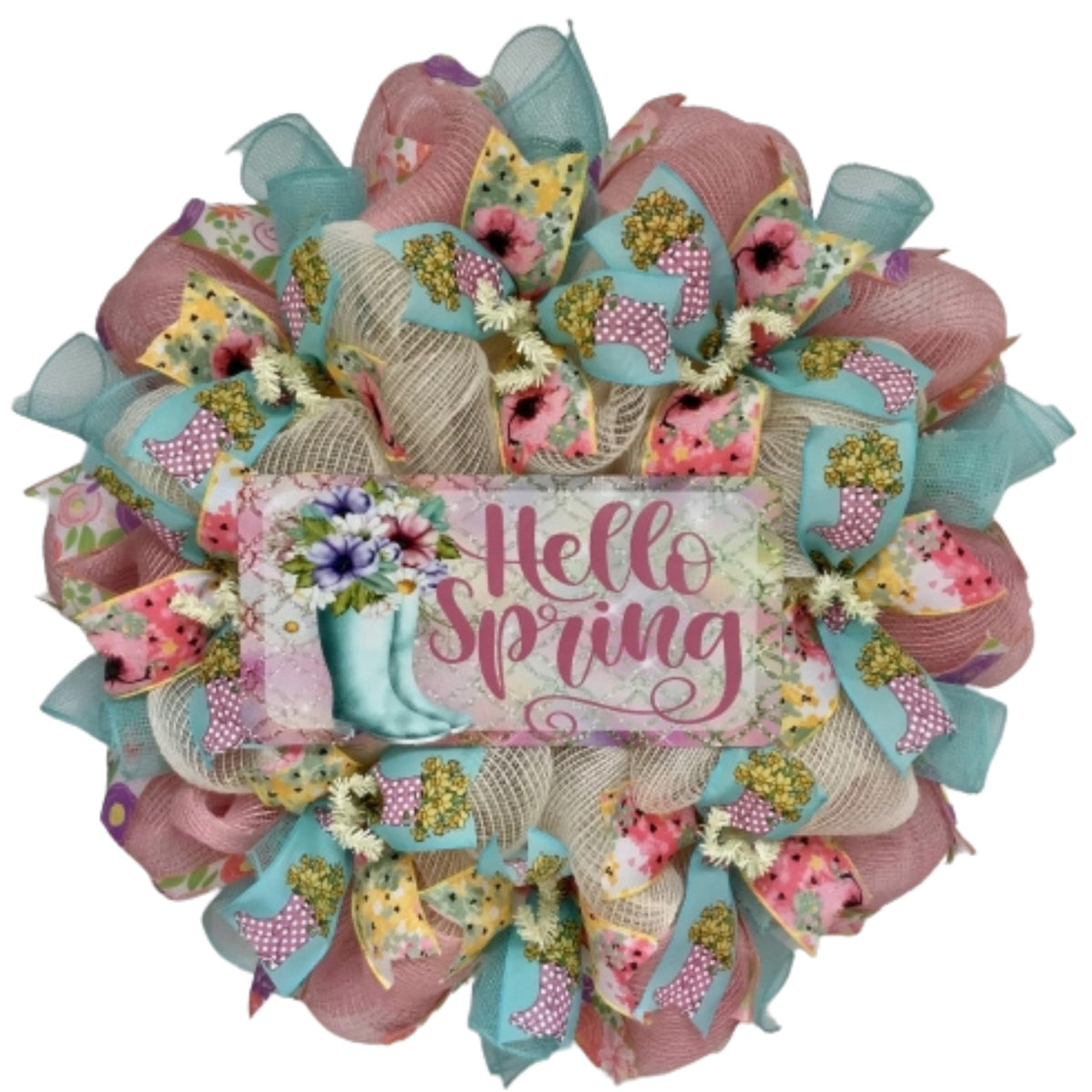 Hello Spring Floral Rain Boots Pastel Wreath decorative tin sign with floral accents